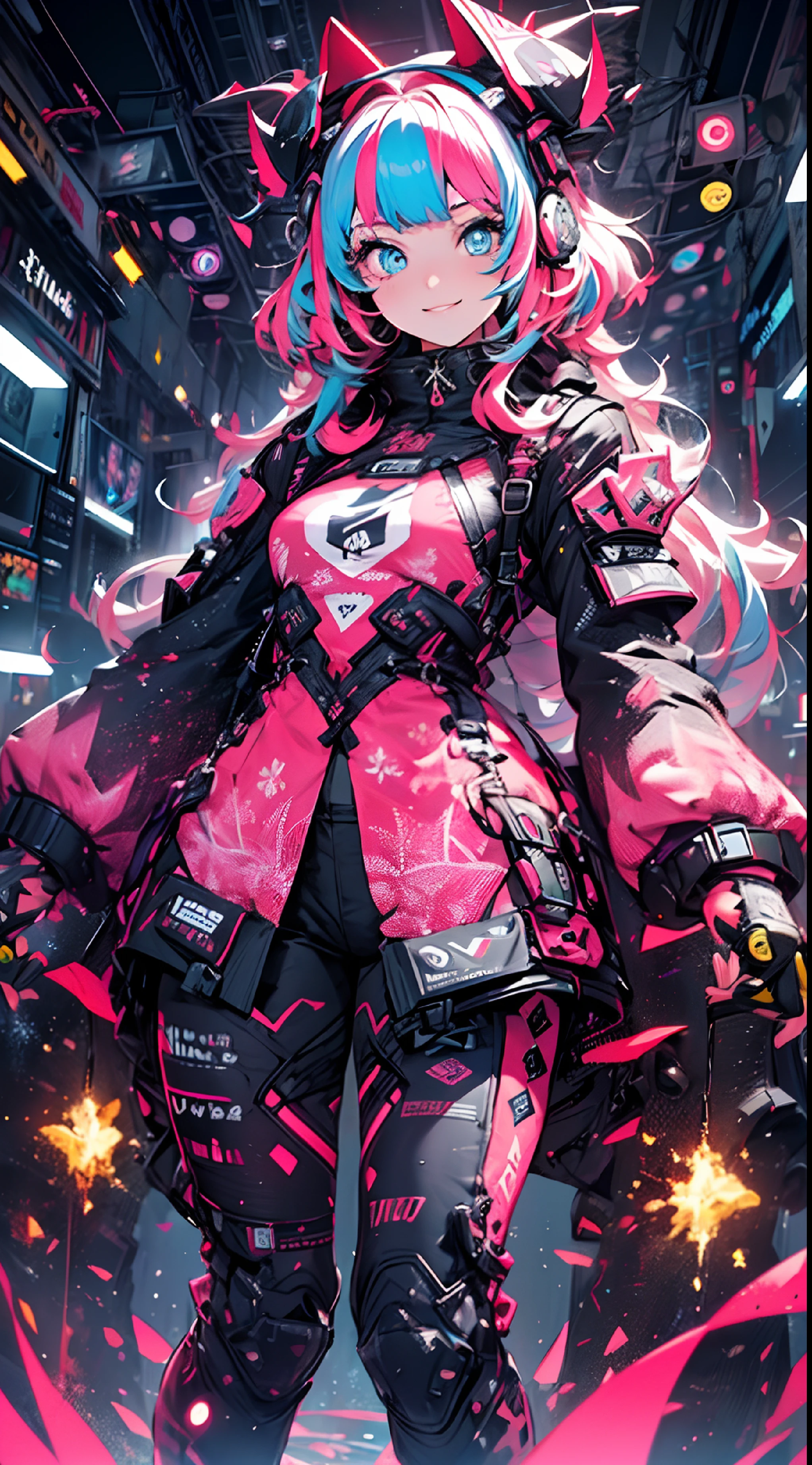 ((cyberpunked)),Optical camouflage、headset on head、Neon light、City of the Future、Glowing jumpsuit、(1girl in, Solo:1.6),(Cute smile),(Clothes are simple), (Best Impact:1.5), (maximalism:1.7), Vivid contrast, (Realistic), hyperrealistic illustrations, hight resolution, ultra-detailliert, absurderes,(Fractal Art:1.3)、Random hairstyle、Random hair color colorful、FULL BODYSHOT、Retro、Precise focus、randome pose、cinema4d、Drama