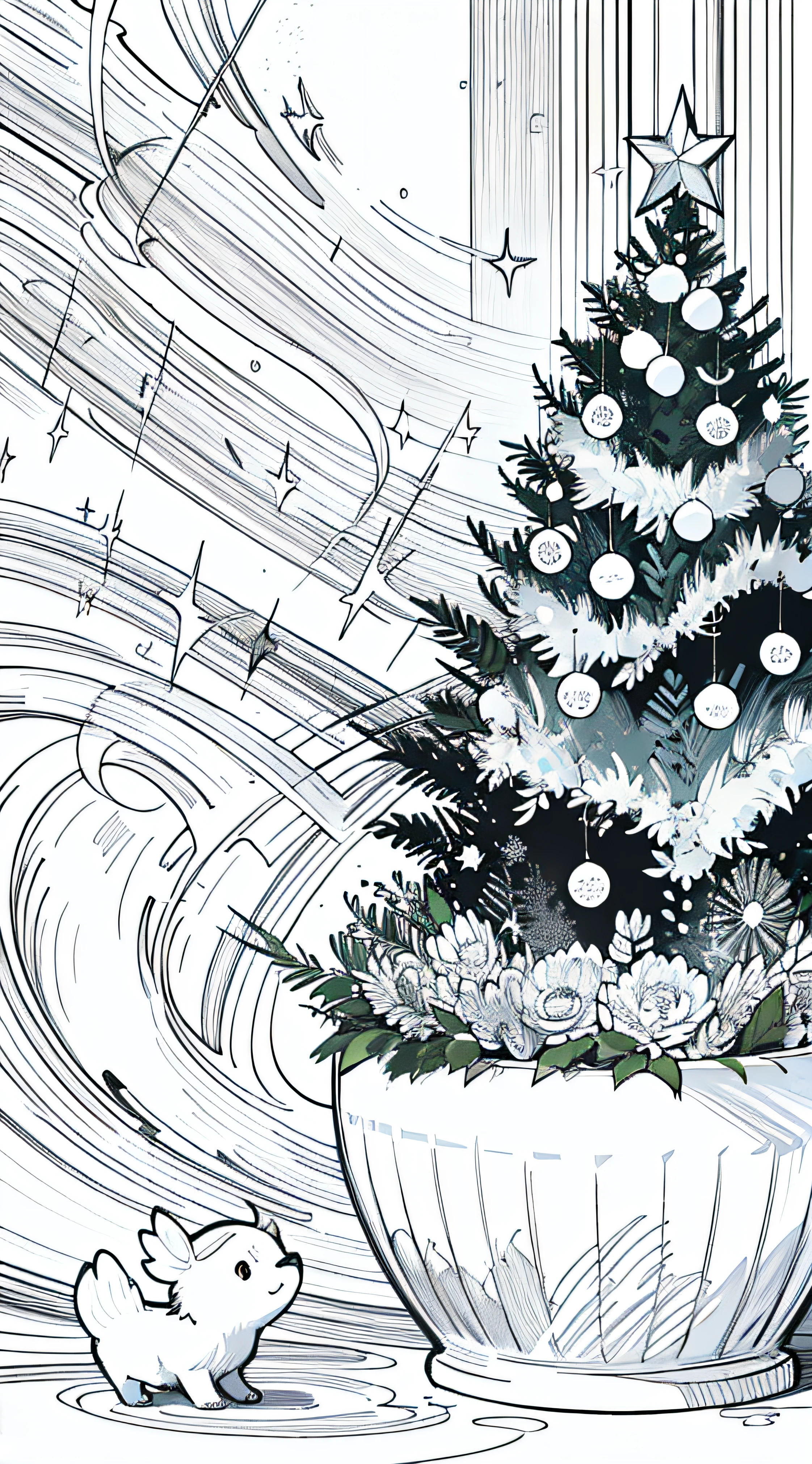 (Masterpiece, Ultimate), sketch style, hand-drawn lines, pencil lines, black and white color matching, Designer drawing of a New Year's opening,  Christmas atmosphere, Christmas tree toy, Children's toys, fir