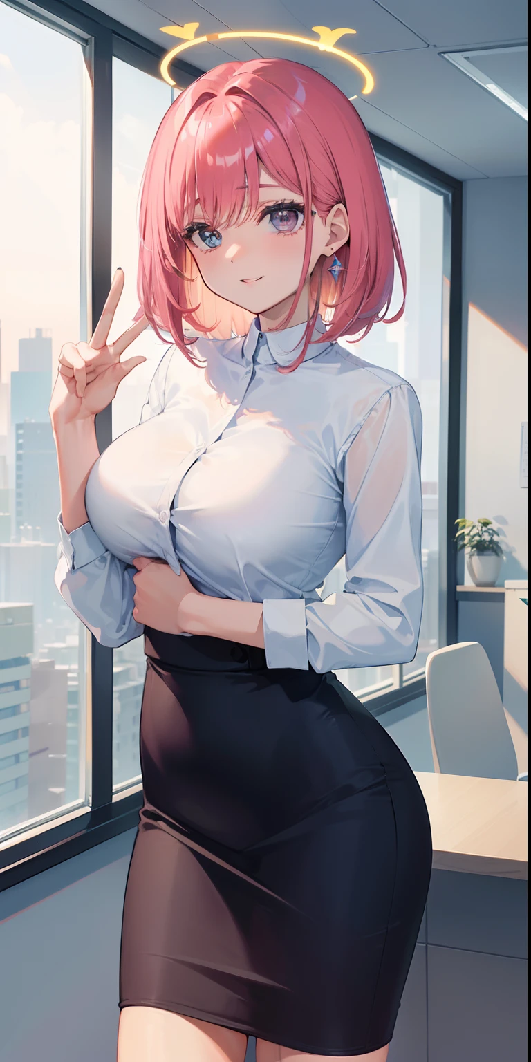 ((obra-prima, melhor qualidade)), (1girl),((matural female)), cabelo rosa claro, halo, chifre, ((office lady)), franja, mid chest, (peituda), magro, sorriso, [quadris largos ],s office,standingn, aru \(arquivo azul\),
 INFO