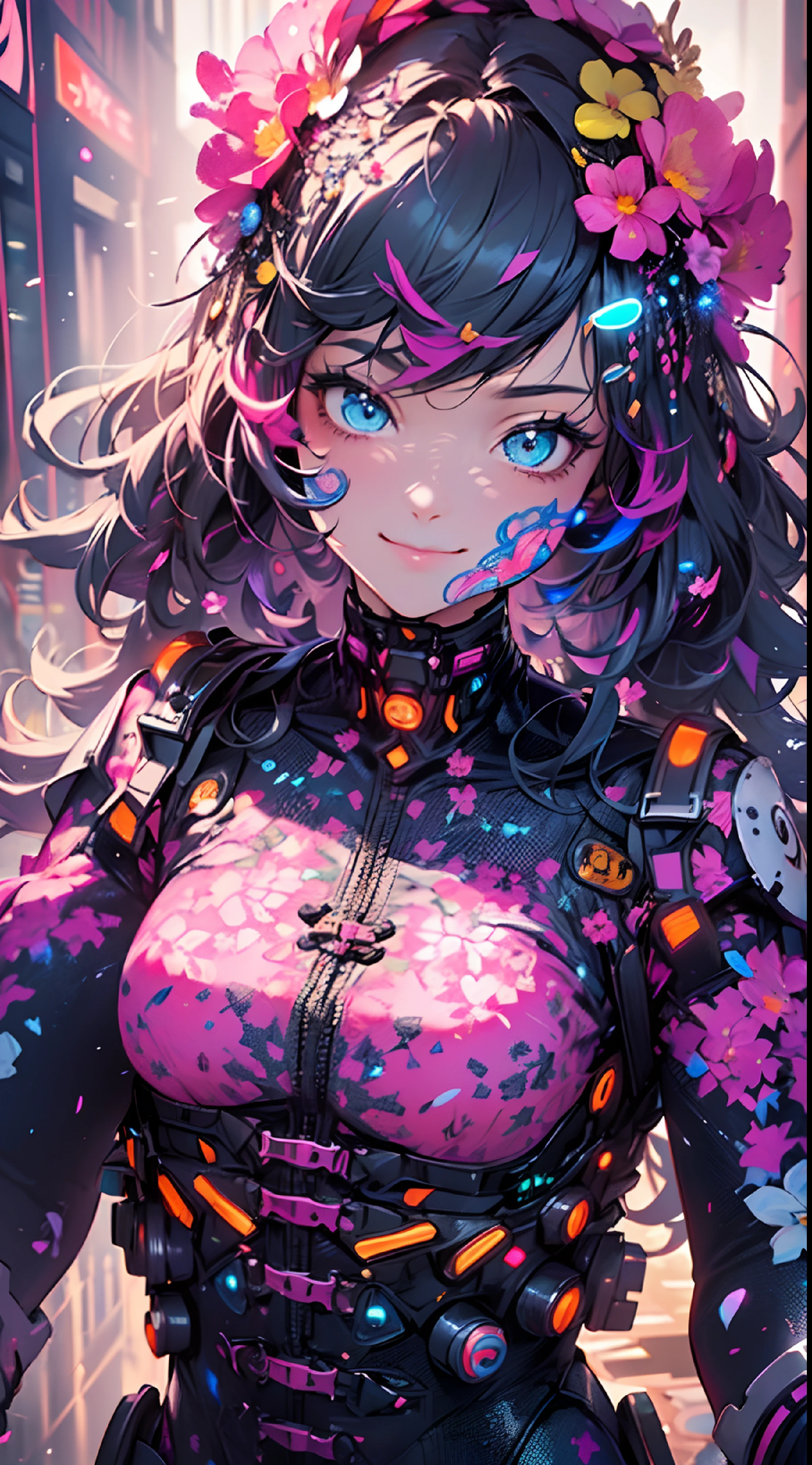 ((cyberpunked)),((flowercrown)),Optical camouflage、headset on head、Neon light、City of the Future、Glowing jumpsuit、(1girl in, Solo:1.6),(Cute smile),(Clothes are simple), (Best Impact:1.5), (maximalism:1.7), Vivid contrast, (Realistic), hyperrealistic illustrations, hight resolution, ultra-detailliert, absurderes,(Fractal Art:1.3)、Random hairstyle、Random hair color colorful、FULL BODYSHOT、Retro、Precise focus、randome pose、cinema4d、Drama