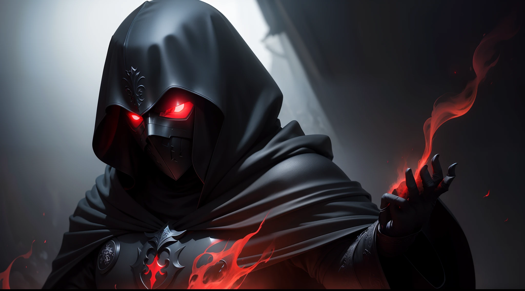 A knight in a black cloak, no face only red glowing eyes emerging from a pitch black void at the head, shadowy figure with a undefined silouett, the background is a misty red aoura surroudning the figure, ultra high quality, ultra-realistic, masterpiece, 8K, ray tracing