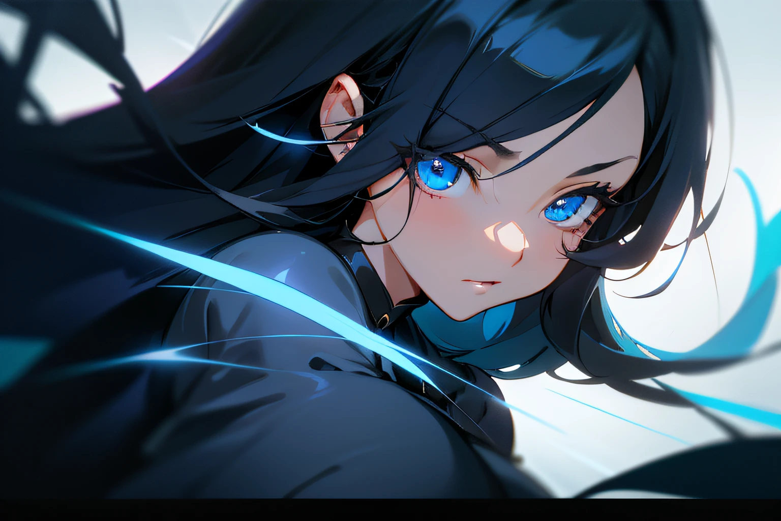 A close-up of a girl,Perfect face,Refined face,Bright huge blue eyes,Black silk flowing hair,Cinematic lighting,lightand shade contrast,Shining Effect,style of anime,anime big breast,8k,high qulity,hyper-high detail,Skin texture,tmasterpiece。