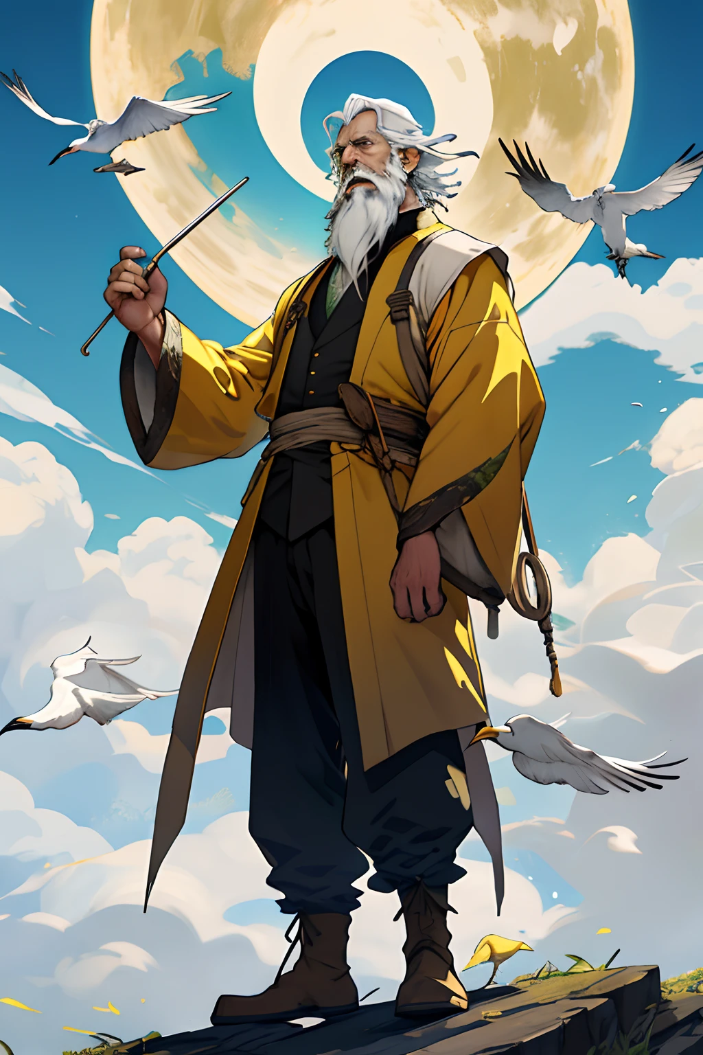 An old immortal cultivator floated in the air，wearing yellow，white hair and white beard，Thin，One tourmaline in one hand，The other hand holds a fan，A crane flew behind him