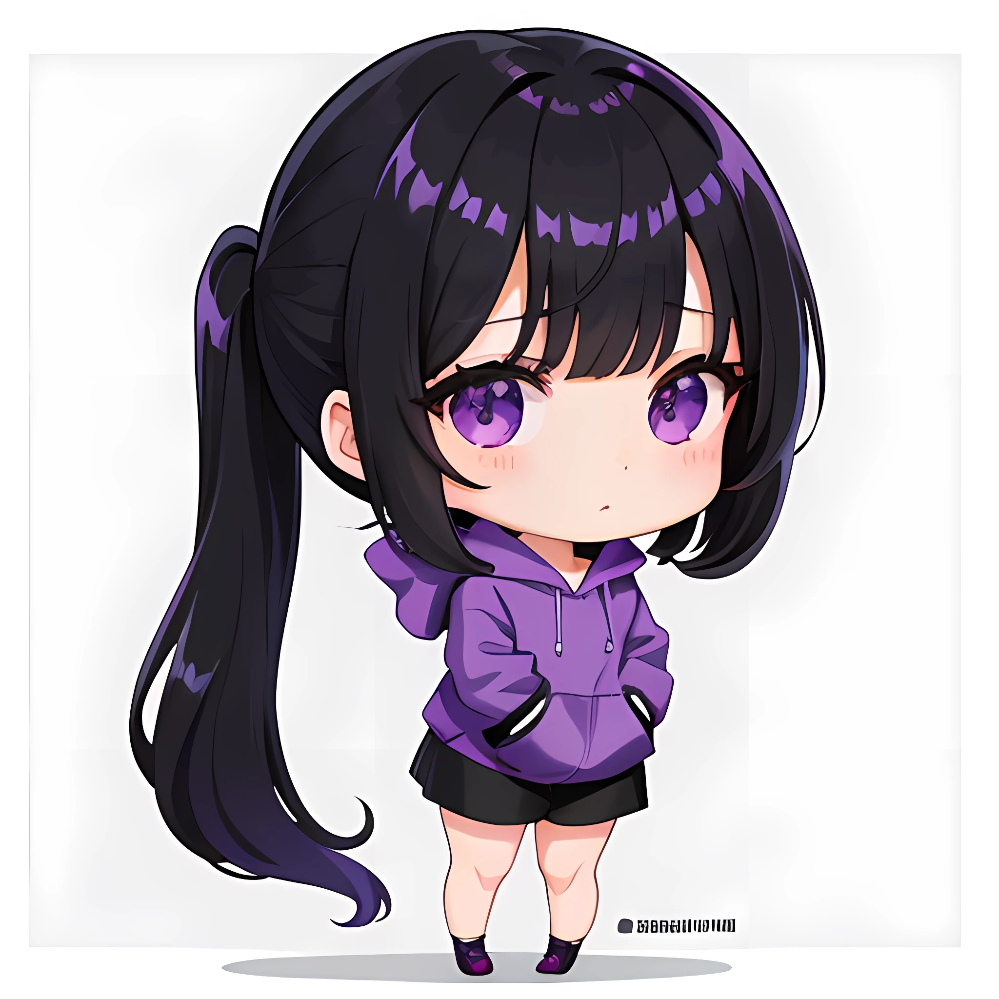 Purple Hoodie、Blunt bangs、One knot、poneyTail、Purple Hoodie、A dark-haired、Purple Parker、Lori、One Woman, 独奏, (twitch emote:1), Chibi, Black eyes, , comic strip, white backgrounid, a sticker, Thick black outline,、poneyTail、Long Black Hair、Smooth Straight、Shoulder-length clothing、Straight hair、、full body Esbian、Black eye、Gal clothes、Black shorts、shoulder length hair、Mini、Chibi Chara、Purple Socks、Chibi Chara、poneyTail、Purple Hoodie、A dark-haired