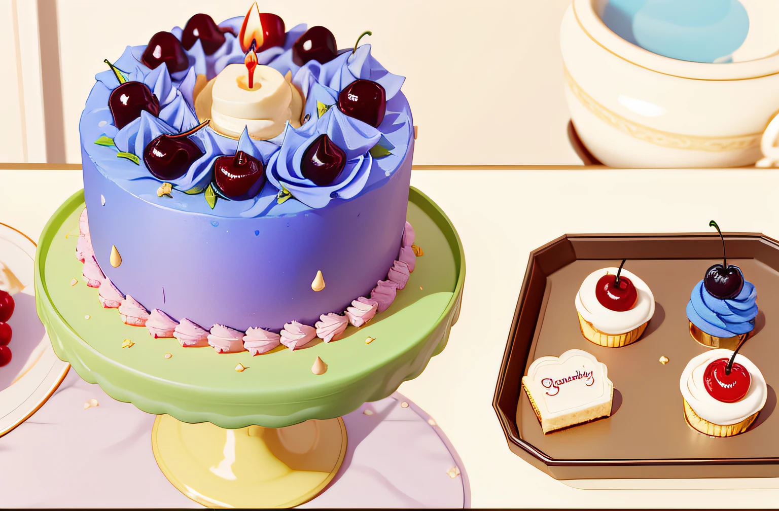 The top of the cake is covered with cherries,blue berry,There is a slender birthday candle in the middle,Exquisite,3Drenderingof