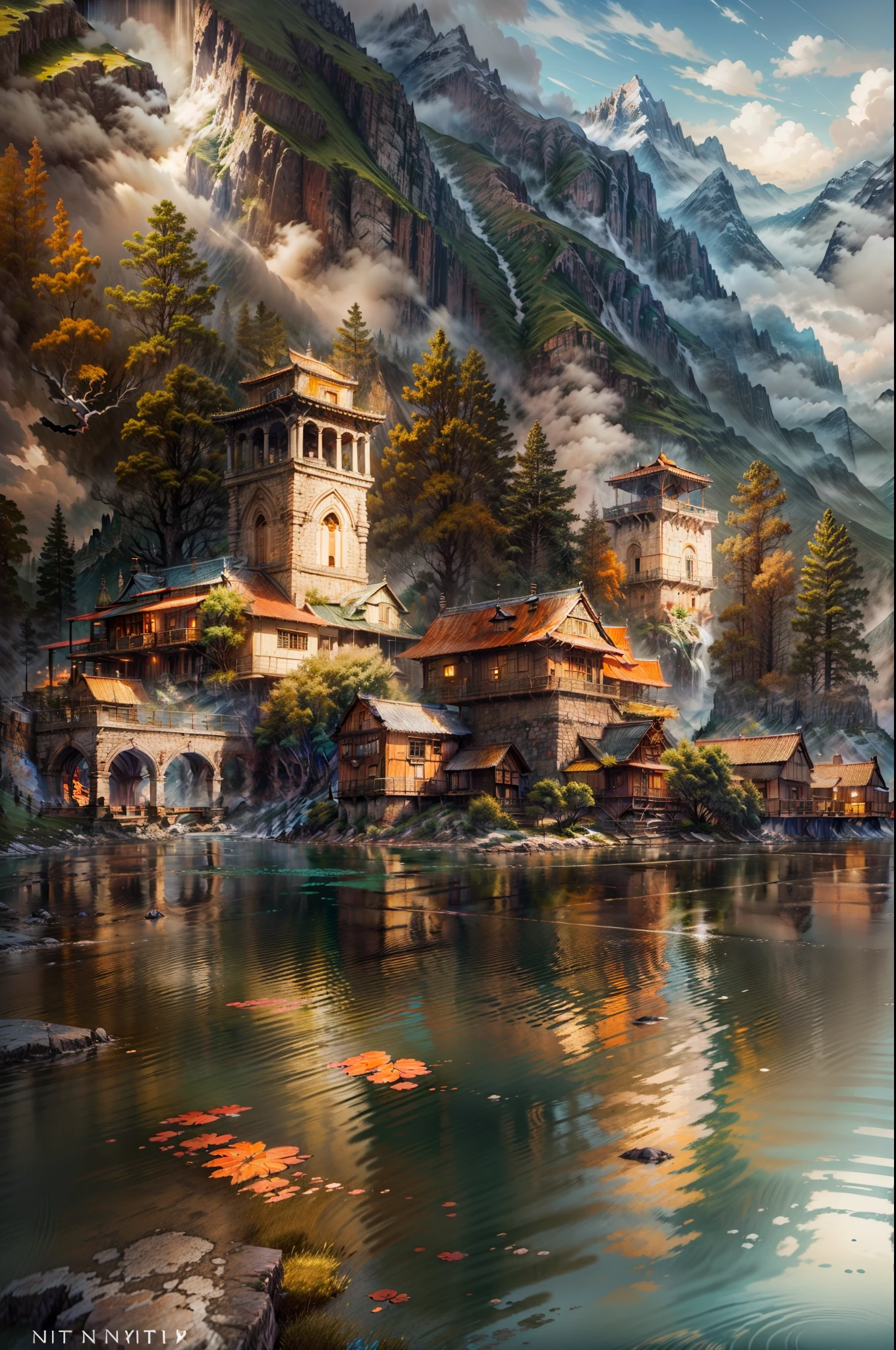 offcial art,Mountains，mountain peaks，lake，Transverse，pergaminhos，Niti 8K wallpaper, Ultra detailed, Beautiful and aesthetic, Masterpiece, Best quality, Atmospheric, Modernist oil painting, Treetop Village, Indoor light,