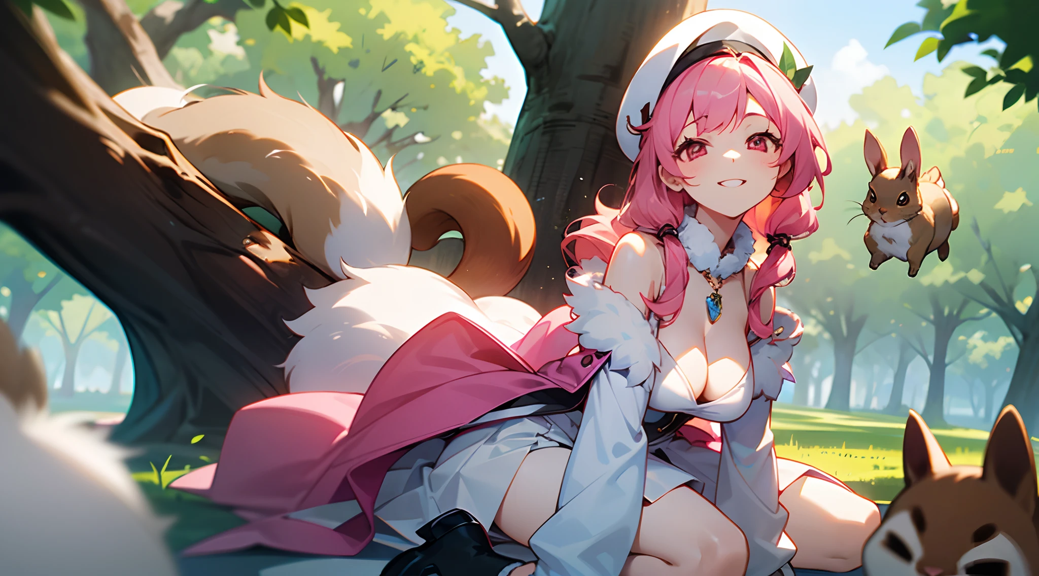 1 girl, game CG, white clothes, cleavage visible, shoulders visible, white short skirt, small white beret, jewel pendant, black shoes, gigantic breasts, pink hair, long hair, straight hair, princess hairstyle, idiot fur, pink eyes, smile, rabbit, squirrel, animals, wariza, tree,