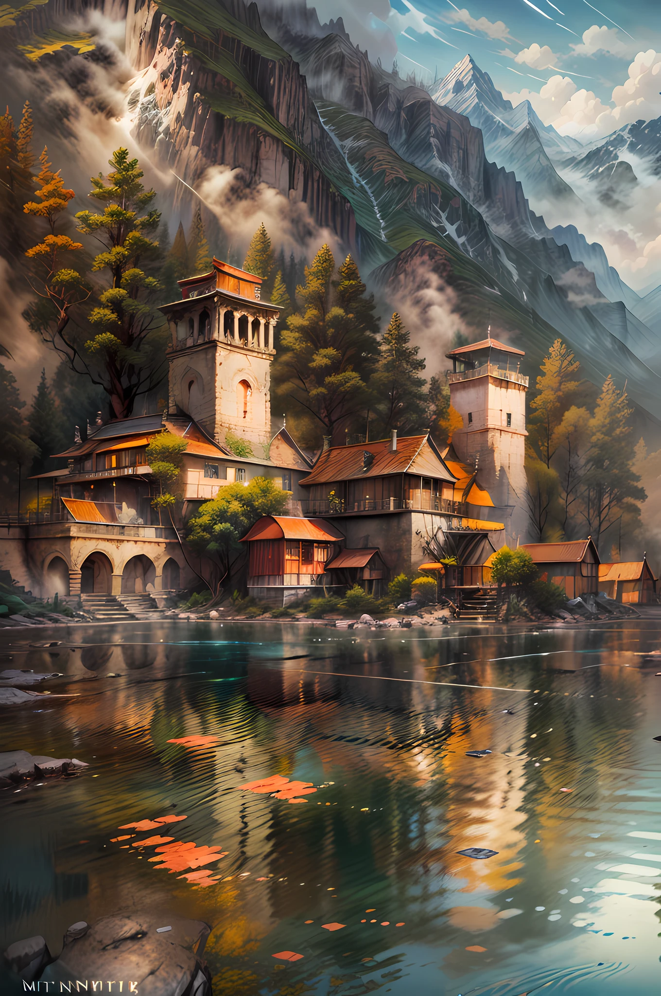 offcial art,Mountains，mountain peaks，lake，Transverse，pergaminhos，Niti 8K wallpaper, Ultra detailed, Beautiful and aesthetic, Masterpiece, Best quality, Atmospheric, Modernist oil painting, Treetop Village, Indoor light,