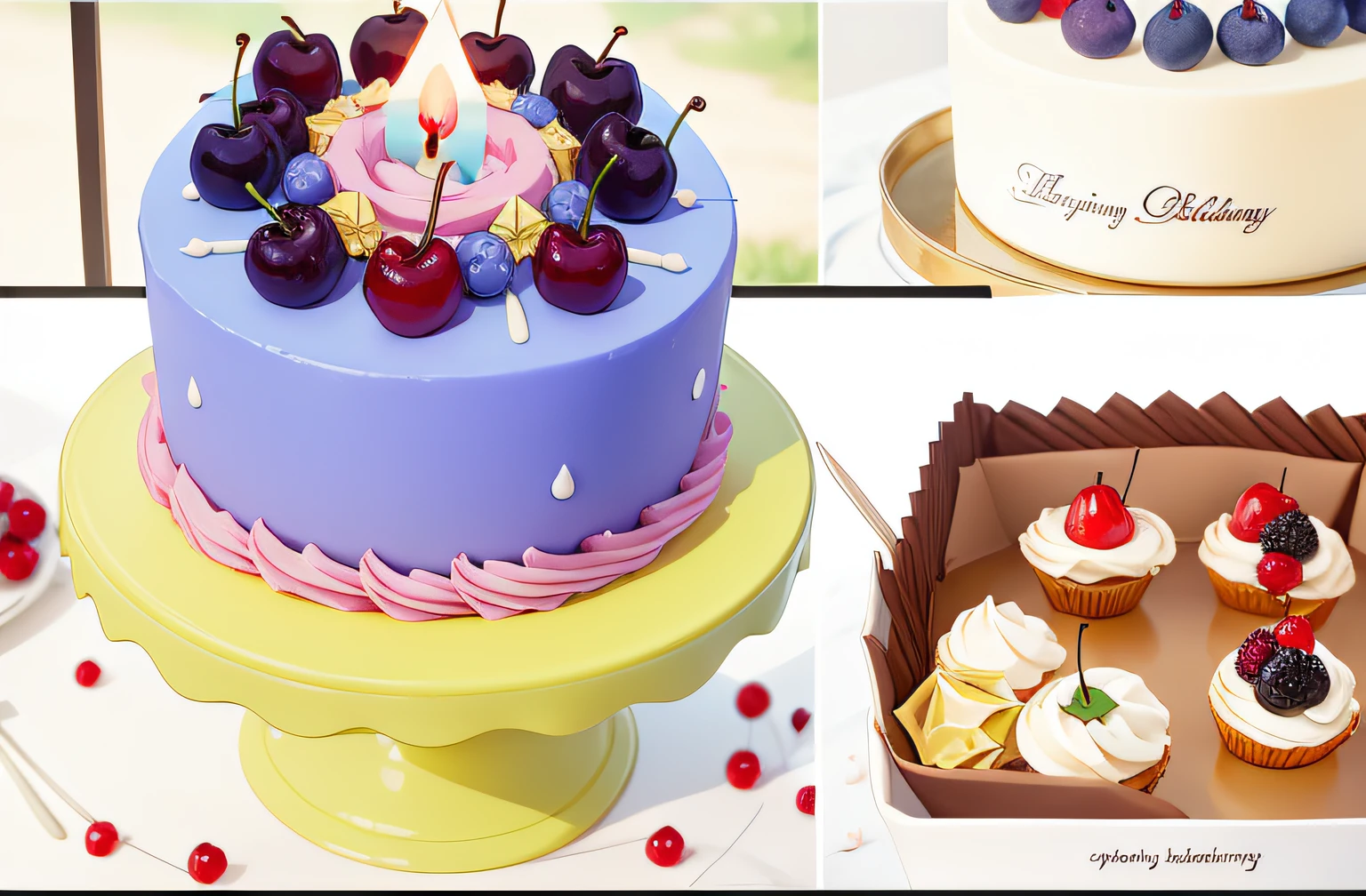 The top of the cake is covered with cherries，blue berry，There is a slender birthday candle in the middle，Exquisite，3Drenderingof
