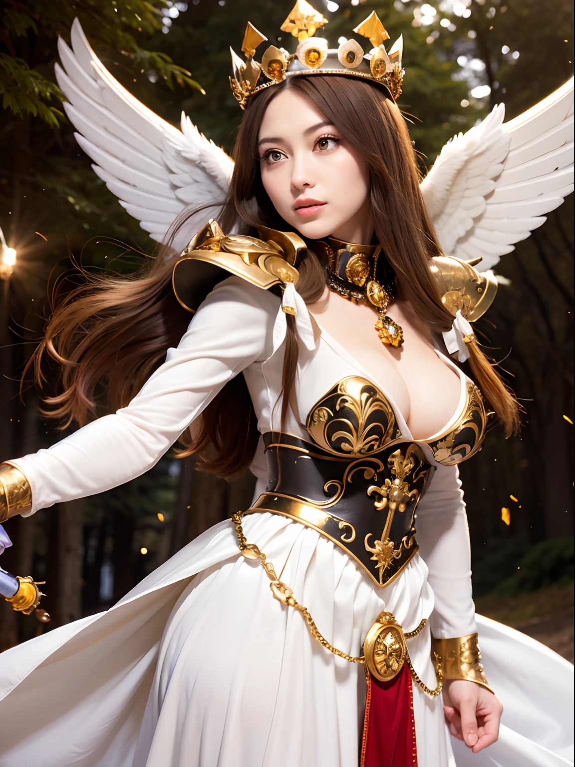 (masutepiece), Professional , ​masterpiece、top-quality、photos realistic , depth of fields （Gemstone Silver Metal Body:1.９),(Matte White、(Gangle's forest background),（Brown hair long straight）、Jewel Gold Weapon、（Castle background),Gorgeous metal weapons,(Detailed and realistic angel white wings) , Detailed Sword of the Brave , Beautiful knife 、delicated face、20 years girl  ,warhammer 40k , adepta sororitas,Detail and ornate jewel crown、a blond、(Gangle's forest background)、Beautiful Caucasian beauty、１a person、dynamic ungle,(((Detailed and ornate diamond crown)))、Smaller head、A smile、Powerful poses、Beautiful thin fingers of a woman、cleavage of the breast、