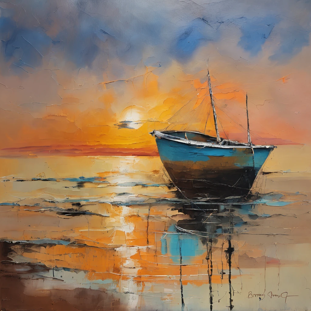 1 fishing boat, sandy beach, tranquil, island, rocky coastline, vibrant colors, vibrant blue sea, orange sunset glow, clouds, seagulls, waves crashing, peaceful, serene, stillness, docked, fishing nets, weathered, worn-out, wooden planks, seashells, pebbles, sandy dunes, calm sea, distant horizon, solitude, textured rocks, dramatic lighting, moored, anchor, reflections, hazy atmosphere