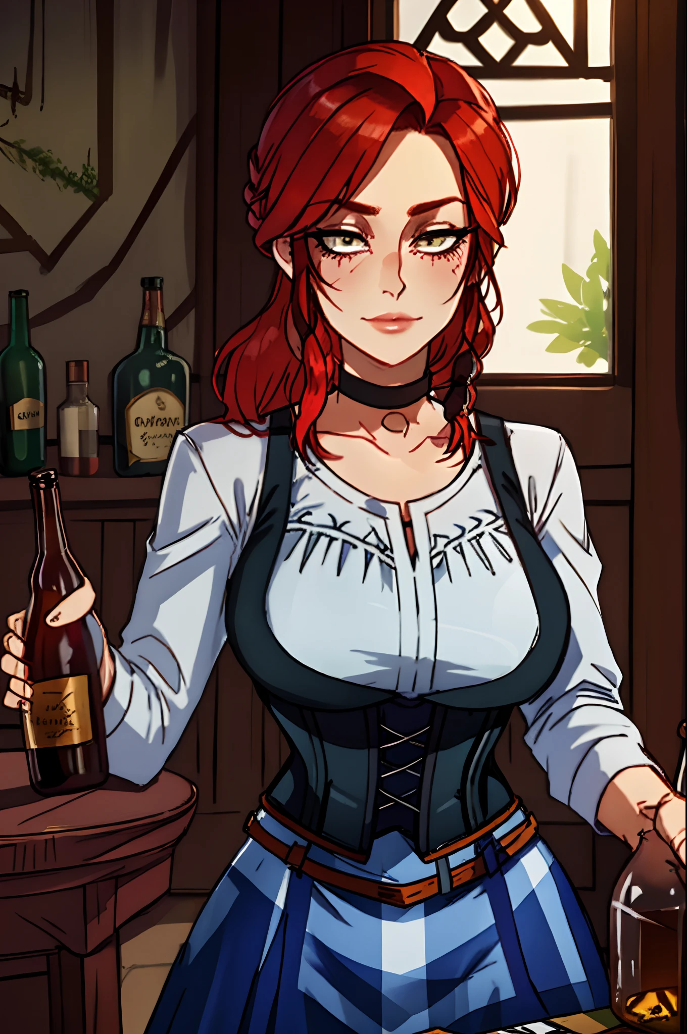 ch3rryg1g, cowboy shot of beautiful redhead lady, braid, black corset, choker, white ornate dress, plaid skirt, tavern indoors, bottles on table, extreme best quality, masterpiece, anatomically correct, portrait
