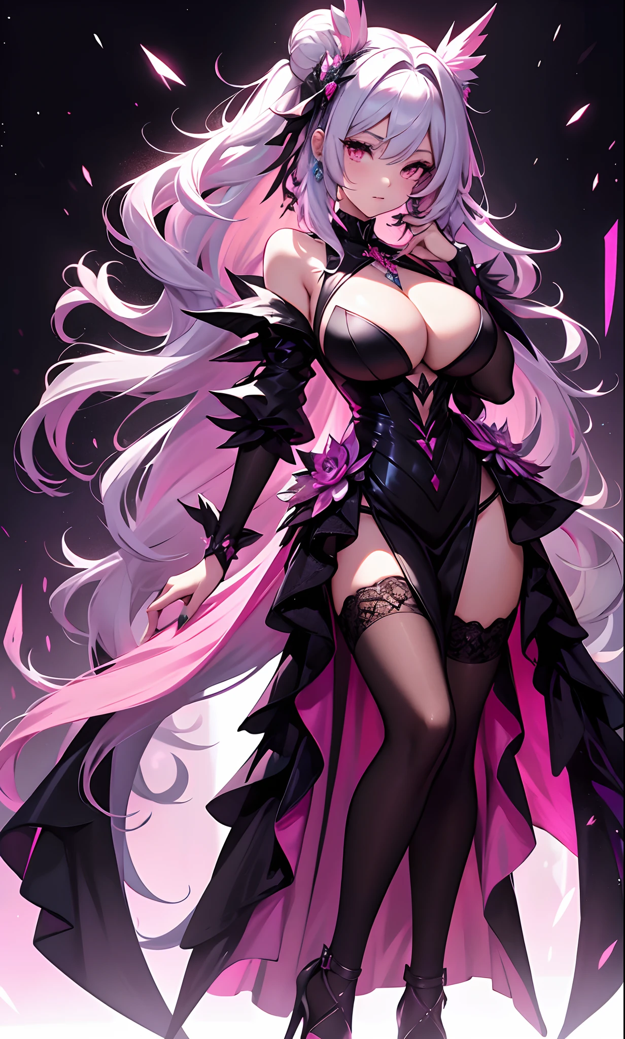 best qualityer,tmasterpiece,Ultimate resolution,downy,Extremely colorful,Colorful,Lady,a matural female,A meticulously portrayed face,Black dress long dress,Gorgeous dress,huge tit,(Ultra-short pink and white hair,A bun),(black lence stockings,Stiletto sandals),Pink starry sky,Normal posture,Normal posture