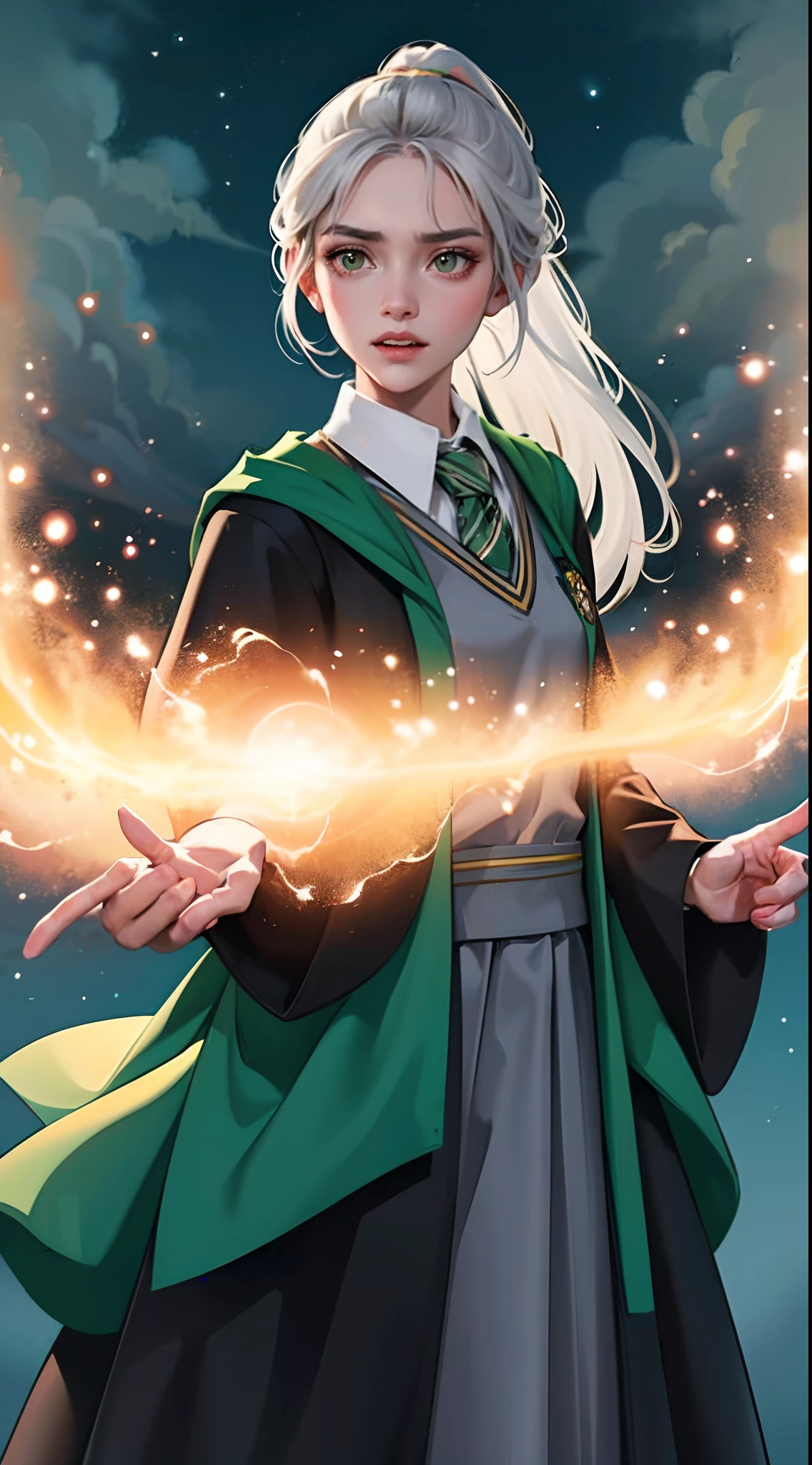 (hight resolution, Best Quality:1.2), brilliance, soft contour, a beautiful painting, Cowboy Shot, (masutepiece), 1girl in, Beautiful Girl, Hogwarts Background, Background of the magical world, hogwarts school uniform, hogsks, Slytherin, Gray hair in a ponytail, Yellow eyes, Angry look, School Dress, Long skirt, Green tie, cool lady