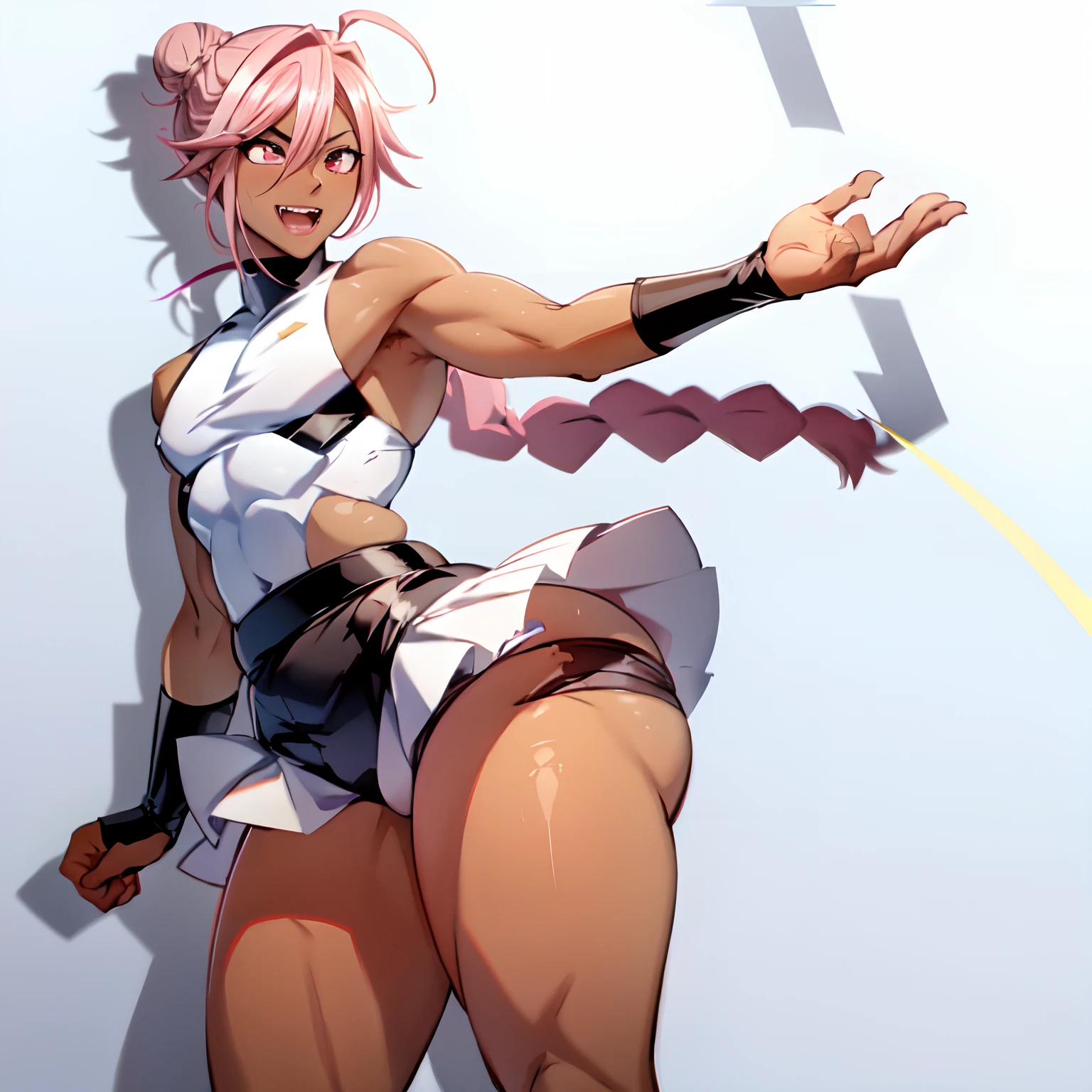 ((anime boy )), ((androgynous)),((dark skin)), ((long white hair with pink streaks)),(( hair Styled into a Bun and braided ponytail )),((Red eyes)) , (Tall),(White half jacket), ((hot pink Crop top)) ,(Skimpy white shorts) , pink heart face mark on cheek)) ,((evil aura)), crazy smile , ((Pop Idol)) , ((yandere: 1.5)), ((Masterpiece)), High Aesthetic, ((high quality )),((1boy, Solo))huge ass!!, hyper thighs!!!, bottom heavy!