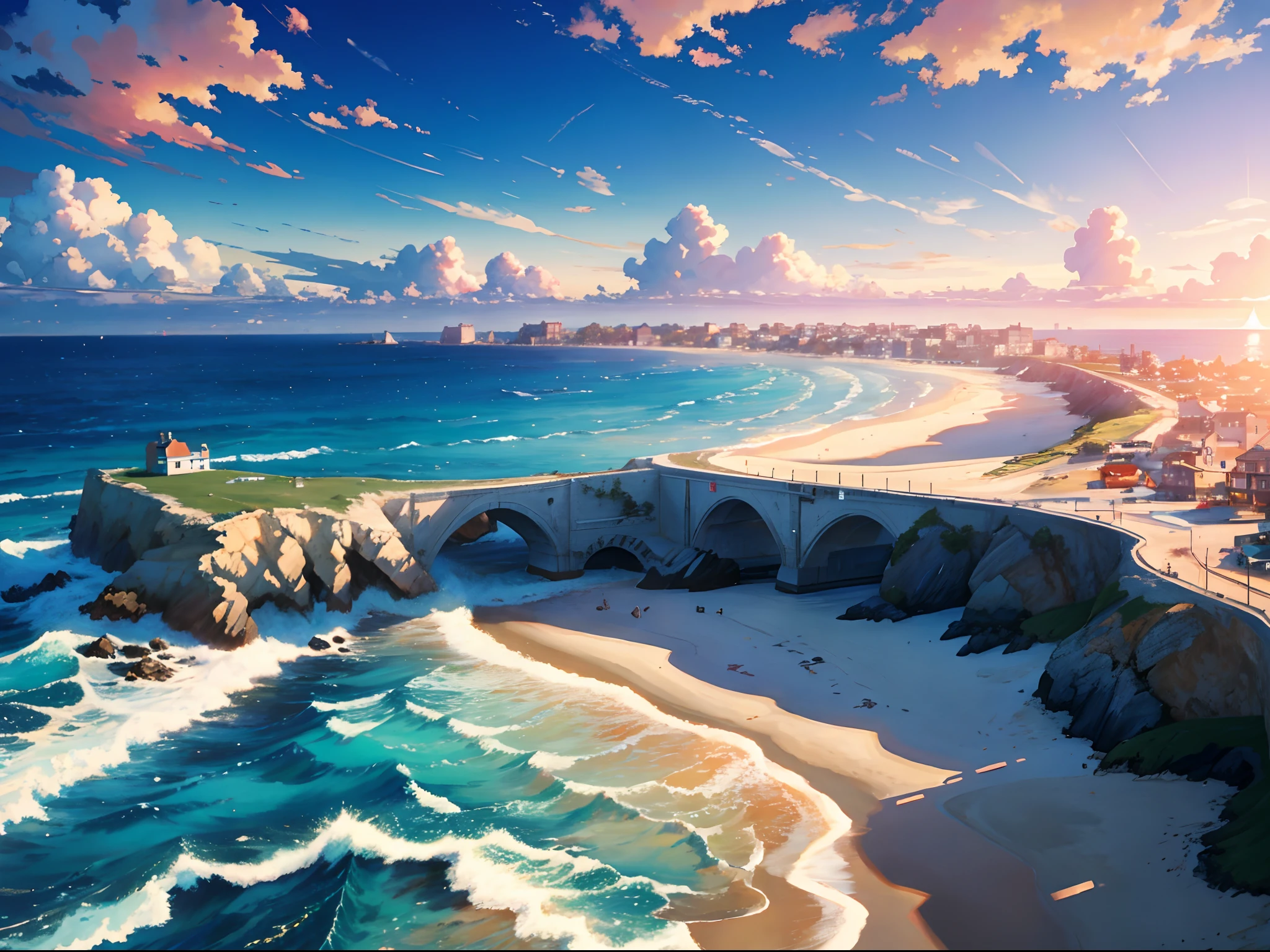 (masterpiece,best quality,movie still),No characters,ocean,Coastline,sandy beach,There are some houses on the left,summer,cloud,Sunset glow,ocean wave,By Makoto Shinkai,Soft lighting, Wide angle view,Depth of field,