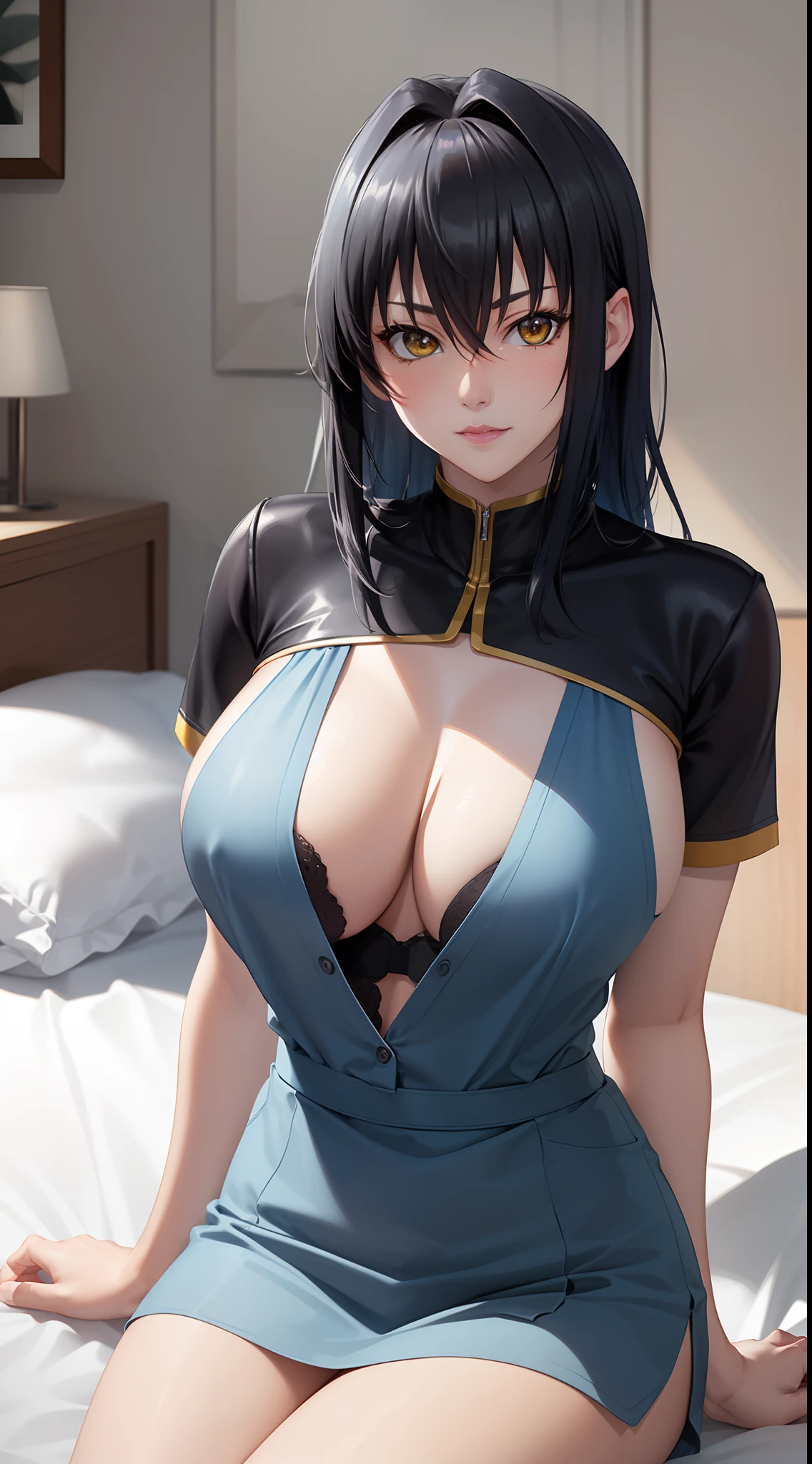professional artwork, Intricate Details, field of view, sharp focus, detailed painting, photorealistic lighting, trending on pixiv,(masterpiece:1.0),(best_quality:1.0), ultra high res, ultra-detailed, photography, 8K, HDR, highres, absurdres:1.2, Kodak portra 400, film grain, sharp focus, bokeh:1.2, lens flare, (vibrant_color:1.2), (((indoors, bedroom, bedroom details, sitting on bed, perfect anatomy sitting))),
Annerose, 1girl, female mature, black hair, long hair, yellow eyes, large breasts, nurse clothes, white theme clothes, formal, hair intakes, covered breasts, cleavage, 20yo,mature female,Beautiful Finger,Beautiful long legs,Beautiful body,Beautiful Nose,Beautiful character design, perfect eyes, perfect face, looking at viewer, official art,extremely detailed CG unity 8k wallpaper, (Beautiful,large_Breasts:1.4), (beautiful_face:1.5),(narrow_waist), (solo:1.4), (upper body, half body shot),
koutetsu no majo annerose,