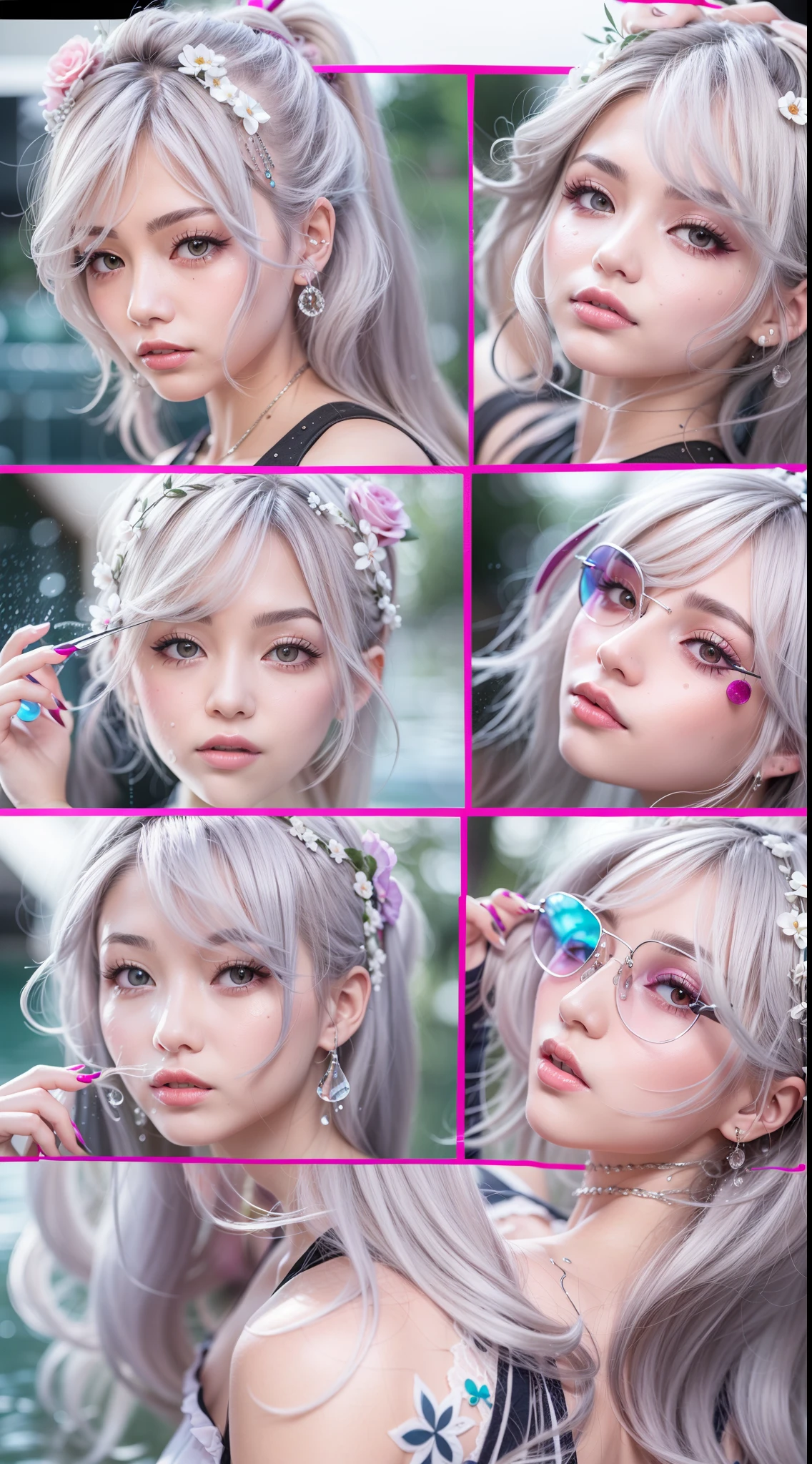 Back shooting，Woman with silver hair double ponytail，watery big eyes，Pink hair accessories，Half out of the water，Detailed depiction of water droplets on the body，Delicate back flower tattoos come to life，sideface，sun glasses，Best quality photos，16K high resolution。