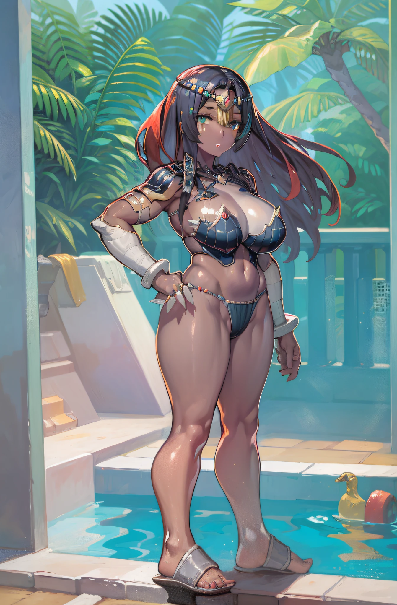 girl, Bikini rojo flaco, muy musculoso, Pelo largo y rojo, gafas, teta enorme, pechos enormes, Oppai Relationship, pelo blanco corto, brown eyes, cintura delgada, enorme, sonriente, cuerpo completosbian, Manos en la cintura, Posa sexy en la piscina,sin ropa interior,desnudez