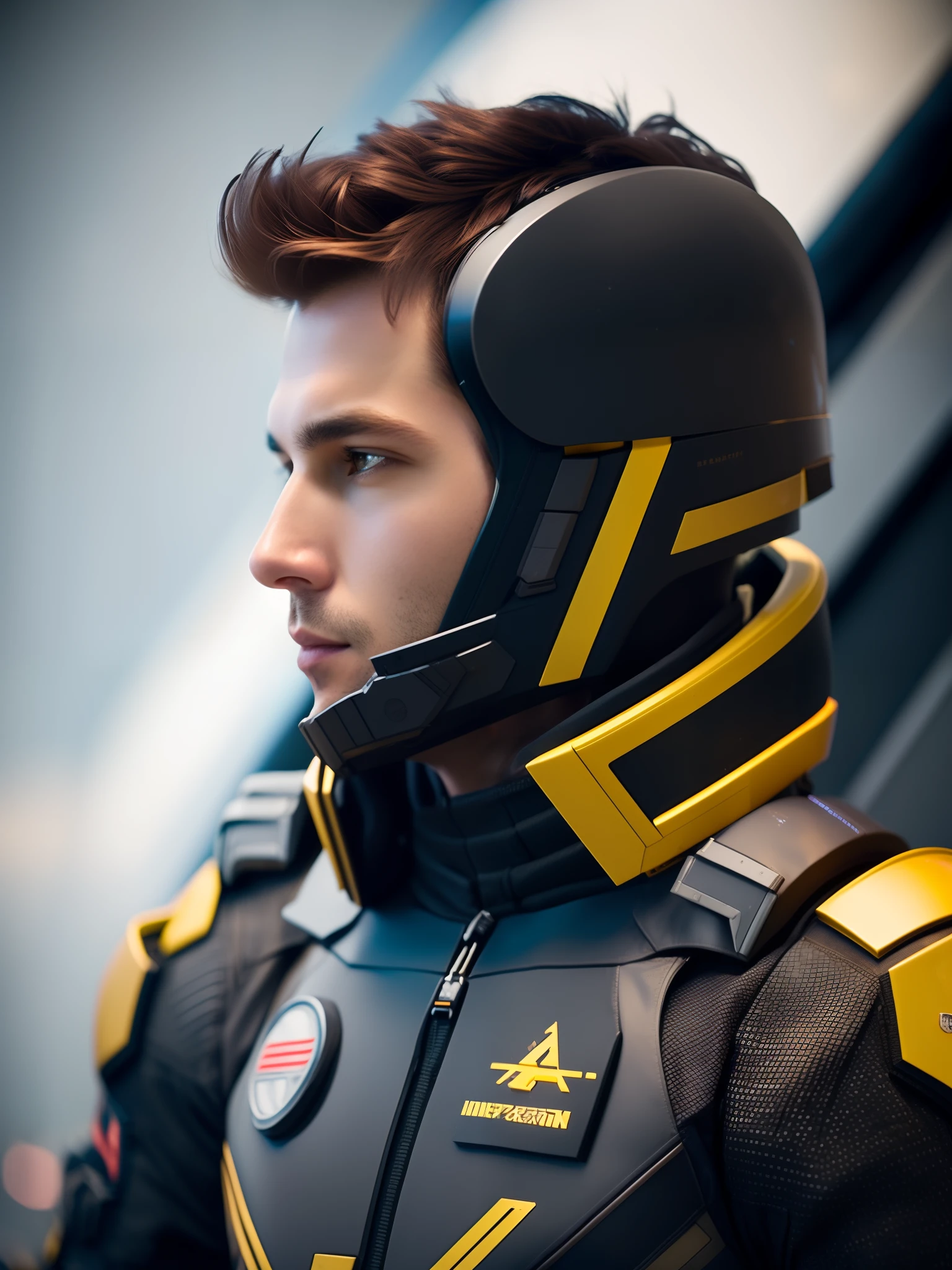 fking_scifi, award-winning photo of a man, black flight suit with yellow accents, brown hair, (gray eyes:1.35), square jawline, asymmetric face, standing in front of a window on a space ship, 80mm, bokeh, mass effect, close up, fking_cinema_v2