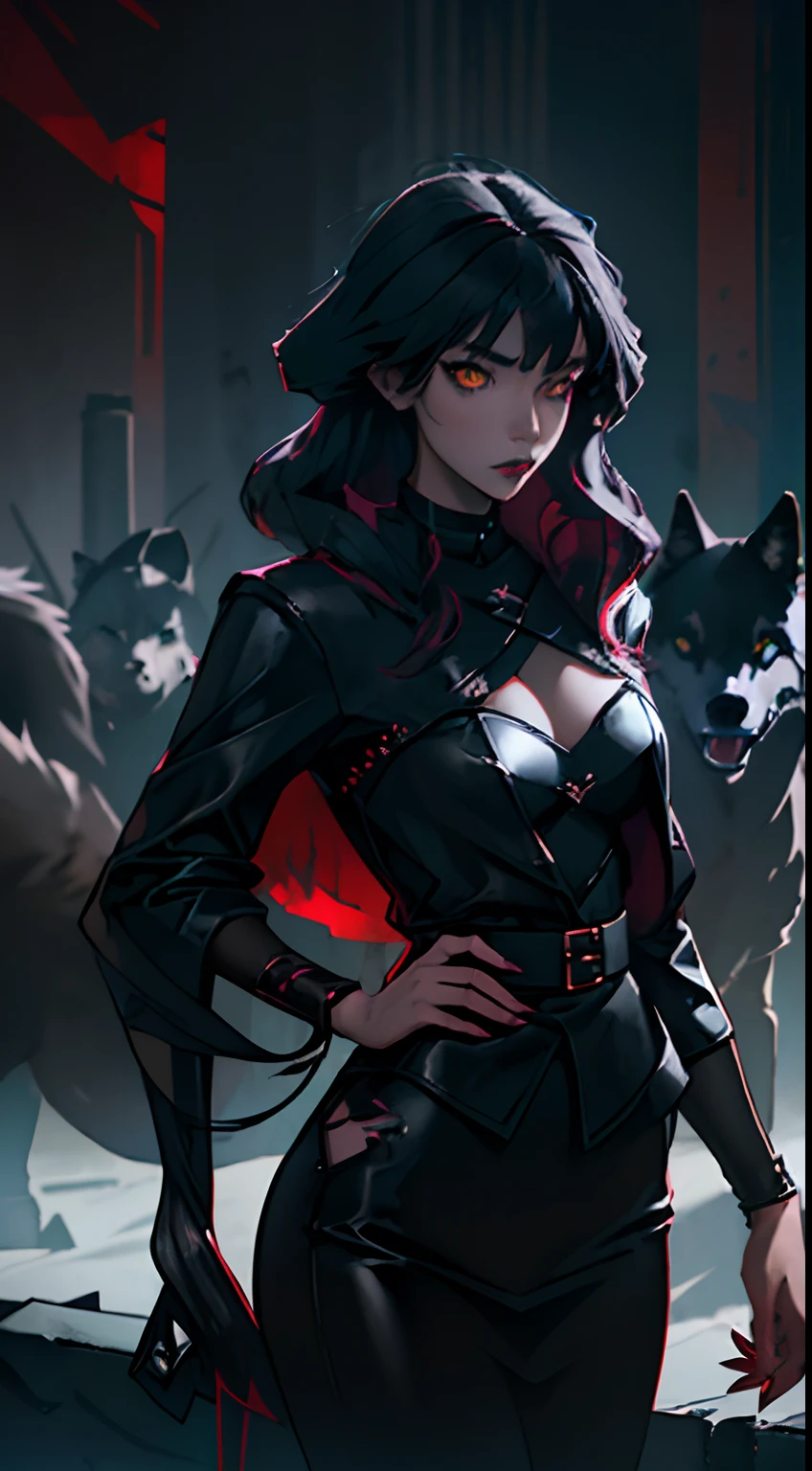 Girl standing with wolf, anime, dark atmosphere, Beautiful, petting black wolf, claws, aggressive beast hybrid, sexy outfit, looking at viewer black wolf