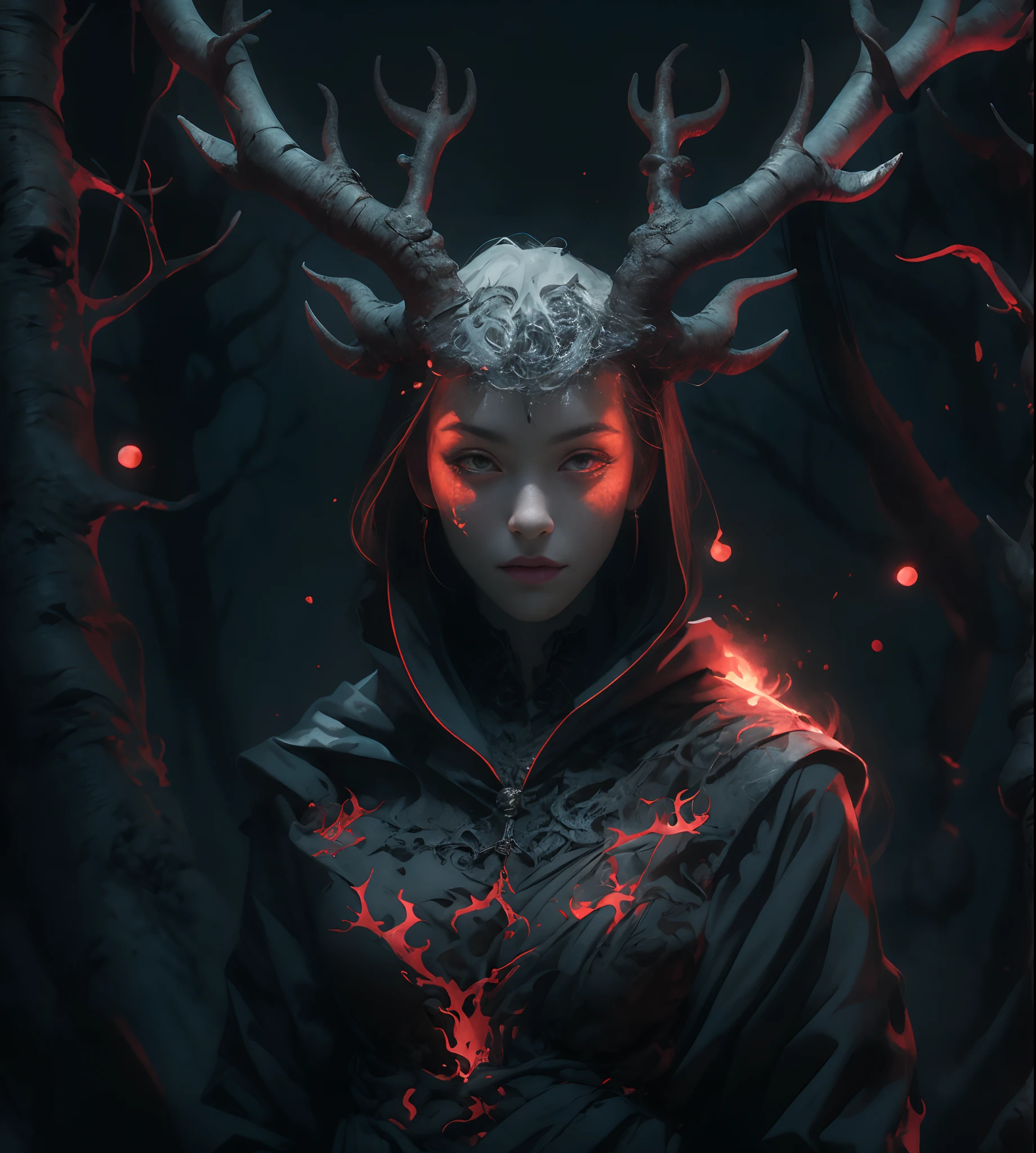 独奏. (Gray gloomy background, Dark Forest, Gray gloomy background, Dark Forest. Gloomy and hopeless, Dark dramatic lighting, vignette), Realistic eyes, beatiful face, 1A girl with a perfect body, Druid, with large deer antlers on the head, cos, wrapped in branches;, (She is dressed in a hooded suit), ((perfect anatomy)), Upper torso, glowing eyes, T-shirt design, A surge of dark magic, gotik, Burnt orange gradient, Magic, Nature, Magic Splash, 3D vector graphics, Fantasy art, Digital Painting, soft-lighting, isometric style, retro aesthetics, 4k resolution, с Cinema 4D, natural lighting, Cinematic, Masterpiece, Highly detailed, Intricate, Extreme textures, Horror, terrific, Creepy, Scarimok a sense of sophistication and tranquility. Accentuate the low-poly style, The overall aesthetic should be sleek and stylish, which makes it suitable for branding and logo.