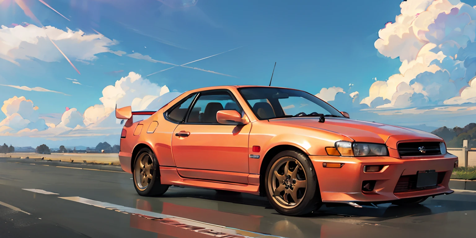 masterpiece,best quality,official art,extremely detailed CG unity 8k wallpaper,illustration,day, in spring, cloudy, sky, beautiful detailed sky, light,official art,extremely detailed CG unity 8k wallpaper,illustration,day, in spring, cloudy, sky, beautiful detailed sky, light, 1car, (car:1), motor vehicle, ground vehicle, sports car, nissan, skyline, vehicle focus, road,need for speed,moving,wet,