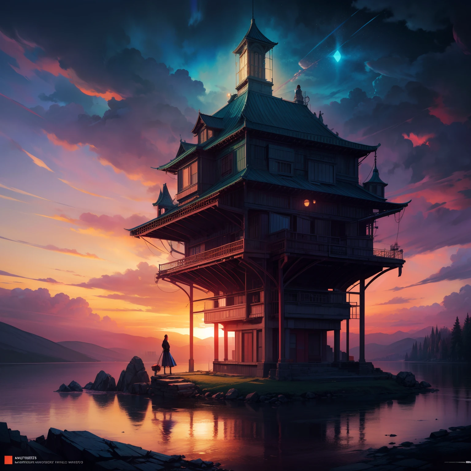 A watchtower surrounded by lake ,sunset with clouds infographic with illustrations, by victo ngai, kilian eng vibrant rgb colours, dynamic lighting, digital art, winning award masterpiece, fantastically beautiful, illustration, aesthetically inspired by beksinski and dan mumford, trending on artstation, art by greg rutkowski, 8 k