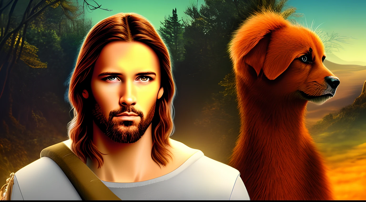 criar uma imagem de Jesus Cristo caminhando da frente com uma bela paisagem ao fundo