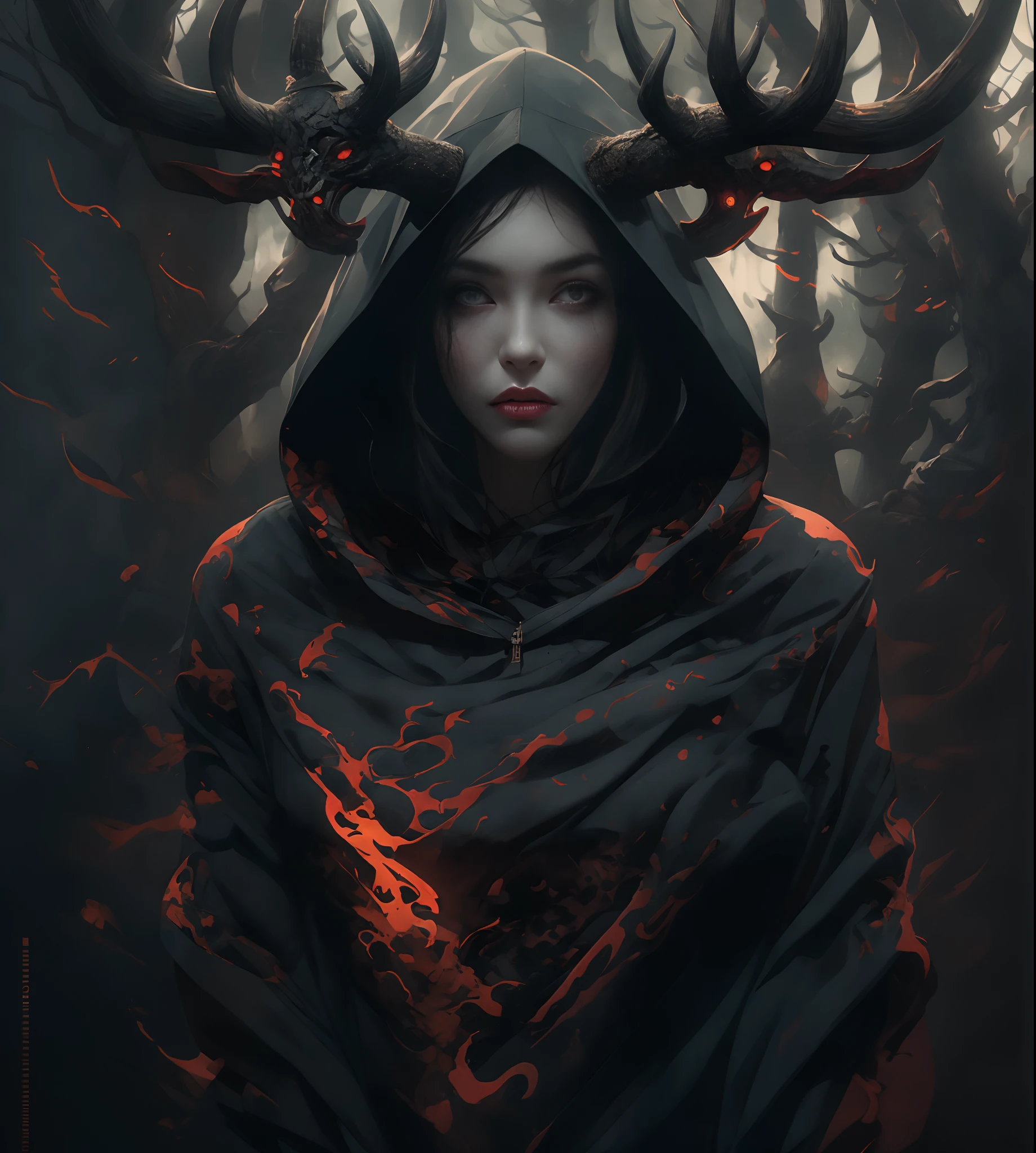 独奏. (Gray gloomy background, Dark Forest, Gray gloomy background, Dark Forest. Gloomy and hopeless, Dark dramatic lighting, vignette), Realistic eyes, beatiful face, 1A girl with a perfect body, Druid, with large deer antlers on the head, cos, wrapped in branches;, (She is dressed in a hooded suit), ((perfect anatomy)), Upper torso, glowing eyes, A surge of dark magic, gotik, Burnt orange gradient, Magic, Nature, Magic Splash, Fantasy art, Digital Painting, soft-lighting, isometric style, retro aesthetics, 4k resolution, с Cinema 4D, natural lighting, Cinematic, Masterpiece, Highly detailed, Intricate, Extreme textures, Horror, terrific, Creepy, Scarimok a sense of sophistication and tranquility. Accentuate the low-poly style, The overall aesthetic should be sleek and stylish, which makes it suitable for branding and logo.