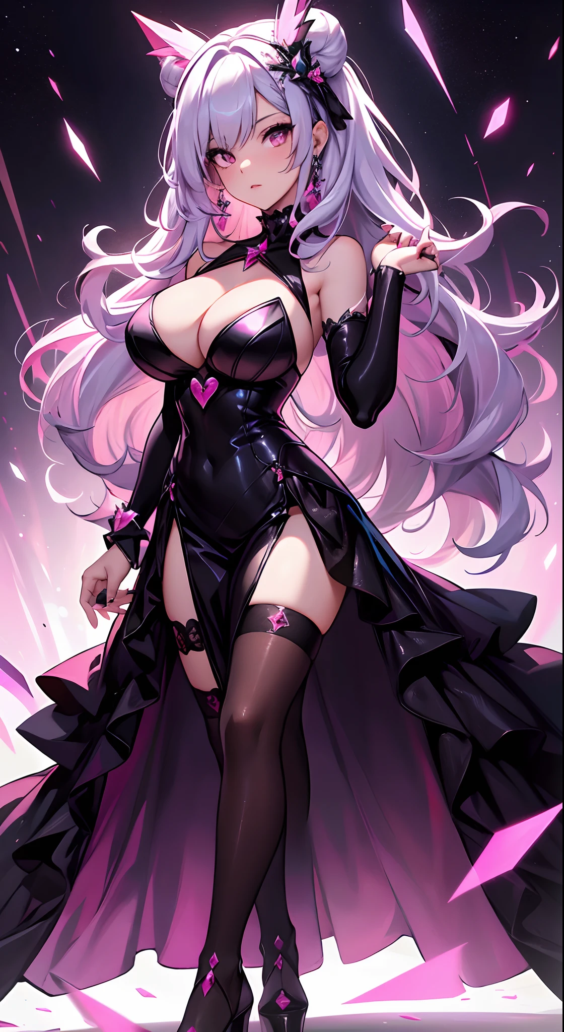 best qualityer,tmasterpiece,Ultimate resolution,downy,Extremely colorful,Colorful,Lady,a matural female,A meticulously portrayed face,Black dress long dress,Gorgeous dress,huge tit,(Ultra-short pink and white hair,A bun),(black lence stockings,Stiletto sandals),Pink starry sky,Normal posture,Normal posture