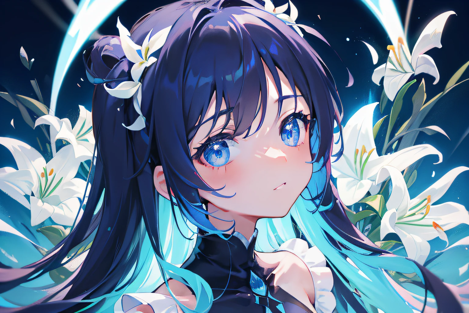 Close-up of a cute girl,Perfect face,Refined face,{{Bright blue big eyes:3}},There are white lilies around,{{Black silk flowing hair:2}},Cinematic lighting,lightand shade contrast,Shining Effect,style of anime,anime big breast,8K,high qulity,hyper-high detail,Skin texture,tmasterpiece。