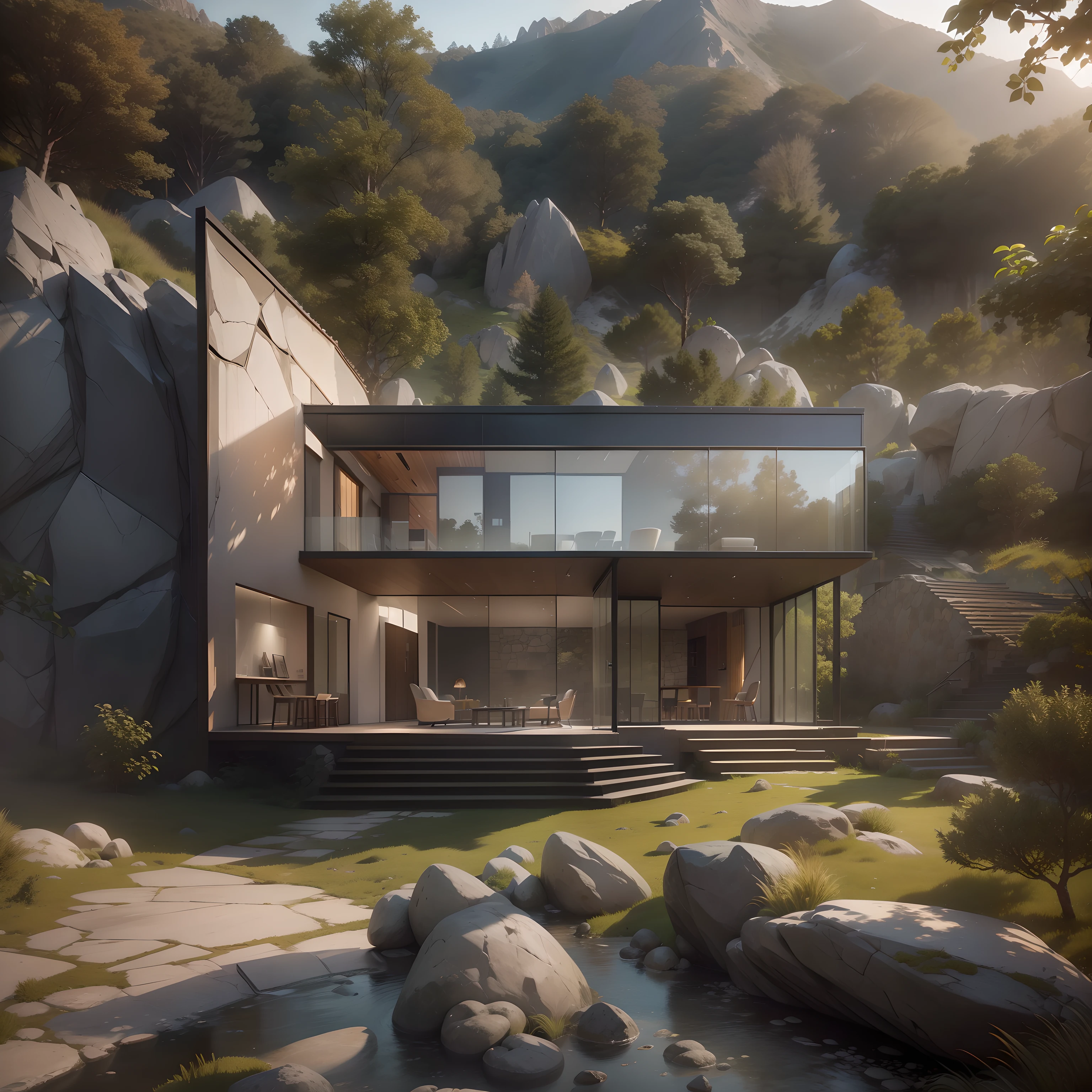 Standing corners of houses with glass walls and trees, stone and glass, arquitectura premiada, Architectural Photography Award, Rustic and modern, Beautiful home, architecture photo, Glass windows, Architect Carey Hill , modernn architecture, ( Visually stunning, Blend into the mountains, big glass window, arquitectura premiada, organic architecture, ((Best quality)), ((Masterpiece)), ((art  stations)), Cinematic lighting, Sharp focus, Intricate, Highly detailed, Hyperrealistic, Octane rendering, hyper HD, Digital SLR, 32K, Natural lighting, globalillumination, Clean professional prototype color correction, Photorealistic, High definition, hdr