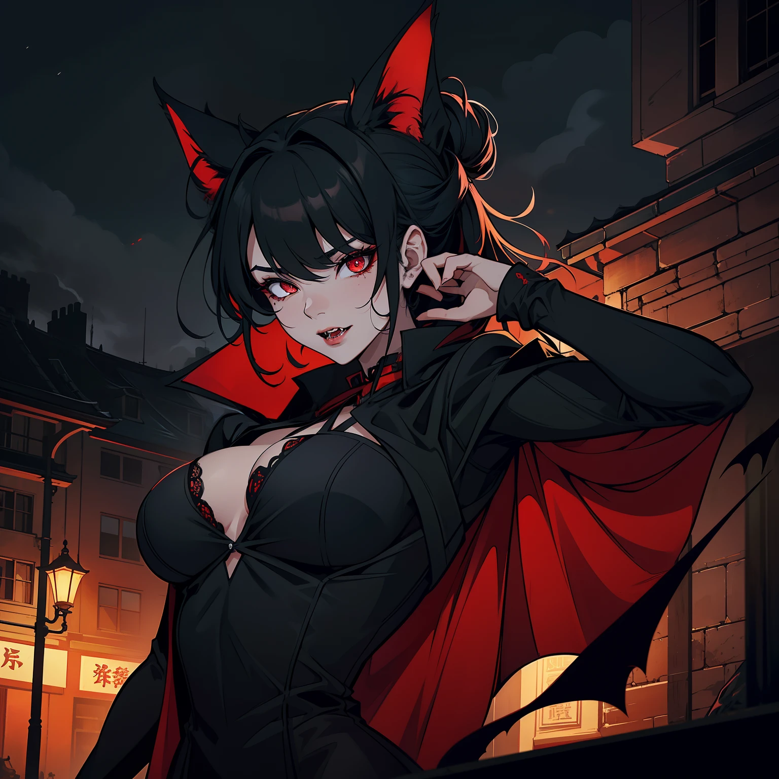 Darkness hangs over the dark city，The street lights are dim and dull。A blood-red eye flickered in the darkness，Like the gaze of a hungry beast。Those red pupils，Reveals endless ferocity and coldness。
The black coat blends into the night，It's like a shadow of darkness。It swings gently as the vampire moves，As if heralding the coming of death。The coat was draped over her，Completely envelop her figure，Make him like a pitch-black demon。
When vampires approach，Her true face is gradually revealed。Sharp fangs protruded from his lips，There is a chilling chill。Her skin was as pale as the dead，It exudes a suffocating smell of blood。
in the darkness nigth，The vampire attacks his prey quickly and ferociously，He moves like a murderous cheetah。He tore at the neck of his prey，Make a creepy sucking sound，Blood gushed out，Become a brutal movement。These details describe the brutal nature of vampires，Show them chasing、Bloody acts of assault and sucking life force。They are designed to invoke psychological fear and oppression in the reader。