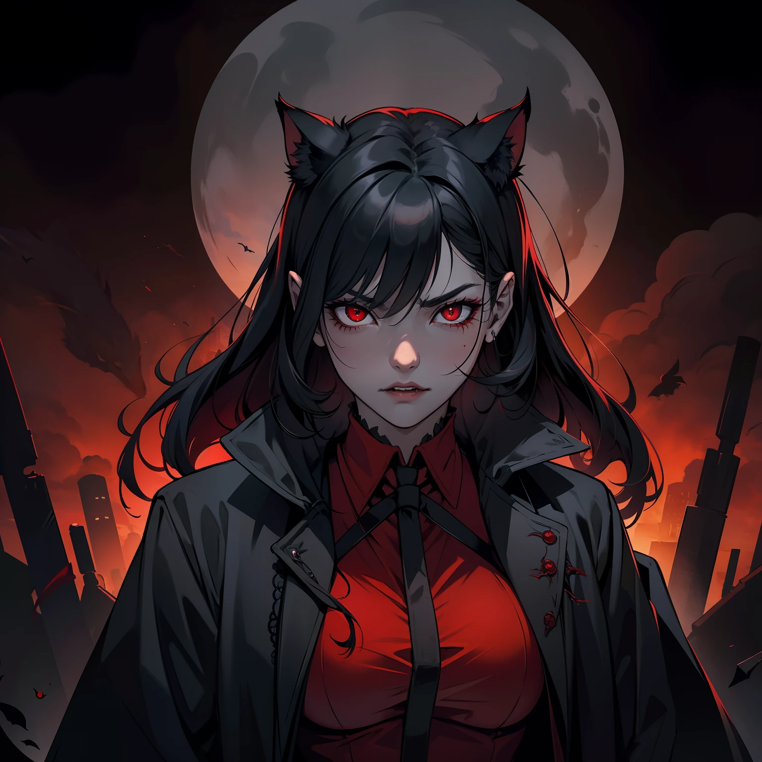 Darkness hangs over the dark city,The street lights are dim and dull。A blood-red eye flickered in the darkness,Like the gaze of a hungry beast。Those red pupils,Reveals endless ferocity and coldness。
The black coat blends into the night,It's like a shadow of darkness。It swings gently as the vampire moves,As if heralding the coming of death。The coat was draped over her,Completely envelop her figure,Make him like a pitch-black demon。
When vampires approach,Her true face is gradually revealed。Sharp fangs protruded from his lips,There is a chilling chill。Her skin was as pale as the dead,It exudes a suffocating smell of blood。
in the darkness nigth,The vampire attacks his prey quickly and ferociously,He moves like a murderous cheetah。He tore at the neck of his prey,Make a creepy sucking sound,Blood gushed out,Become a brutal movement。These details describe the brutal nature of vampires,Show them chasing、Bloody acts of assault and sucking life force。They are designed to invoke psychological fear and oppression in the reader。