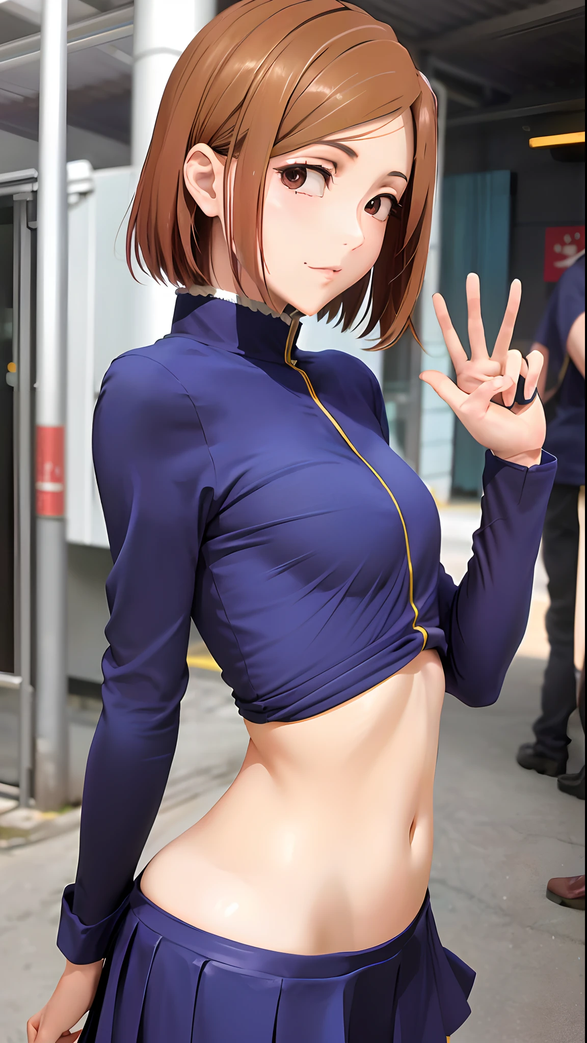 1 Anime girl in school costume posing seductively to the camera、grabbing on breasts、hand on the breasts、beautiful countenance、(small tits、Big ass、Curvaceous)、(Breast groping、flat chest)、