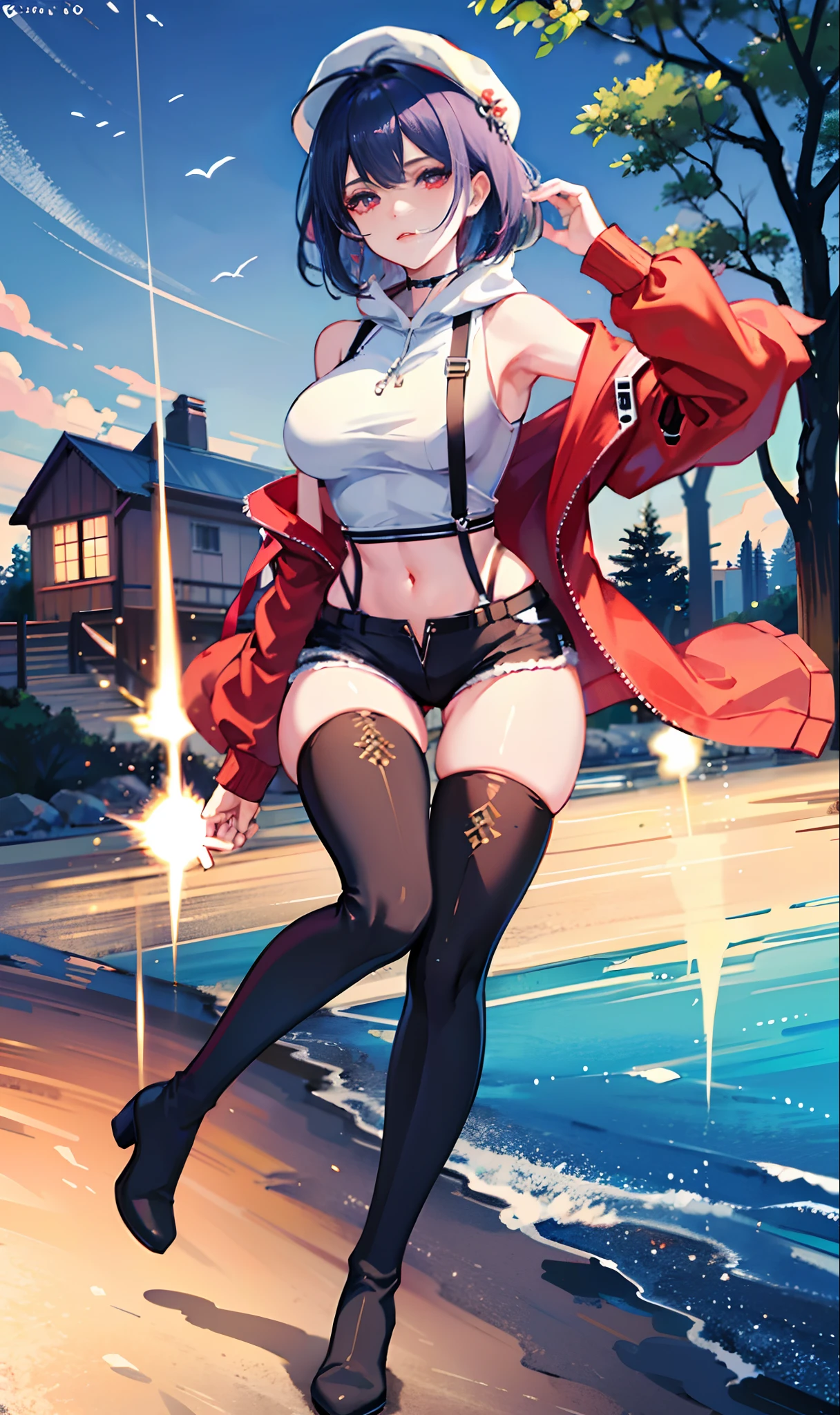 Beautiful woman in clothes、erotick、Female height 172 cm、Women in Their 20s、(masterpiece))、ultra best quality、It has super high resolution、An ultra-high picture quality、ultra-detailliert、ighly detailed、face perfect、((独奏))、Bodis Subian、Cap:full bodyesbian:an legs=1:2:4、Perfect body in perfect style、Beautiful body、clong legs、g-cup、a short bob、Blue hair、Red Eyes((Background with、Will、outside of house、Town、Thigh stockings、long boots、Larger hoodie、Black shorts、Shoulder bag))、4K picture quality、imagem 4k、very highly detailed breasts、extremely detailed eye、Very detailed ass、extremely detailed fingers、Highly detailed thighs、extremely detailed eye、Very detailed hips、Very detailed belly