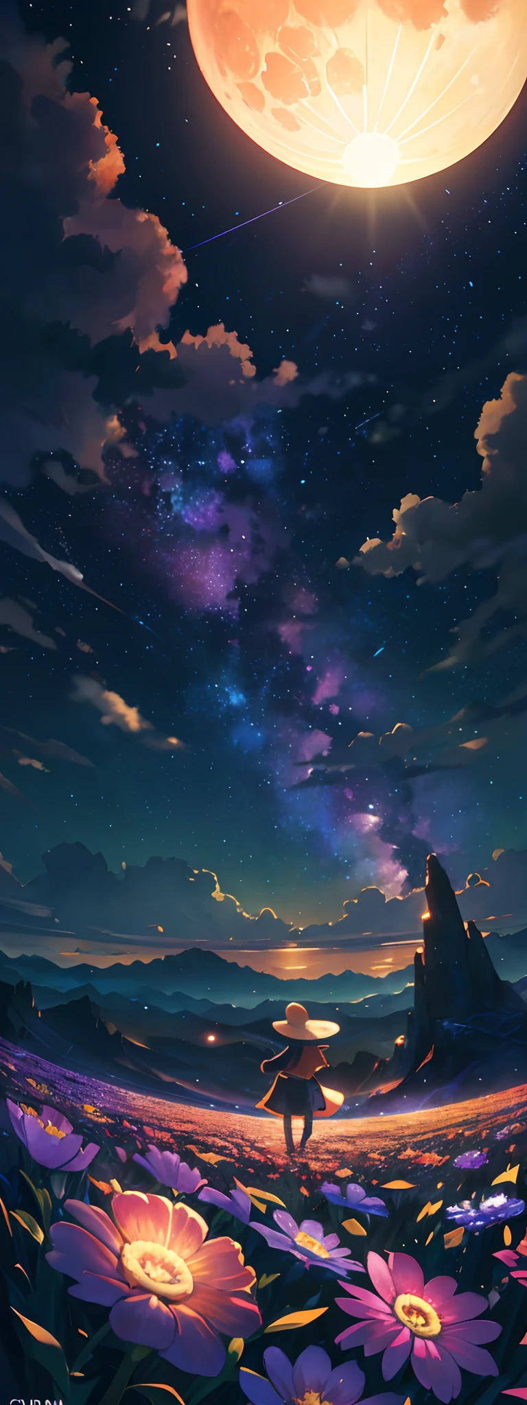 Vast landscape photo, (viewed from below, the sky is above and the open field is below), a girl standing on a flower field looking up, (full moon: 1.2), (meteor: 0.9), (nebula: 1.3), distant mountains , Trees BREAK Crafting Art, (Warm Light: 1.2), (Fireflies: 1.2), Lights, Lots of Purple and Orange, Intricate Details, Volumetric Lighting, Realism BREAK (Masterpiece: 1.2), (Best Quality), 4k, Ultra-Detailed, (Dynamic Composition: 1.4), Very Detailed, Colorful Details, (Rainbow Colors: 1.2), (Glow Lighting, Atmospheric Lighting), Dreamy, Magical, (Solo: 1.2)