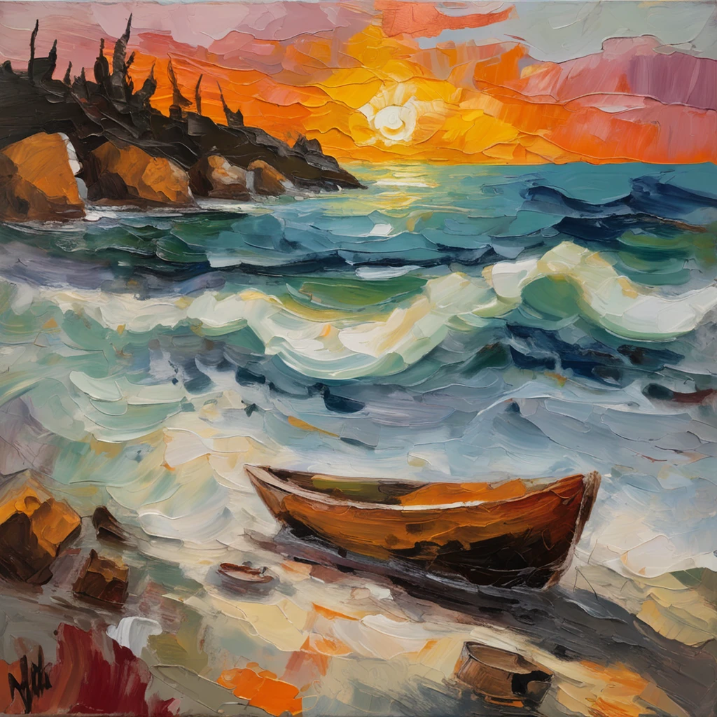 A fishing boat, beach, Rocky coastline, Distant islands, Van Gogh style, (Heavy brushstrokes:1.2), Vibrant colors, Whirlpool waves, Dramatic skies, Fiery sun, (thick impasto:1.3), Texture clouds, Tall cypress, country cabin, (Oblique composition:1.1), Dramatic shadows, (Dramatic lighting:1.2), Peaceful atmosphere, A peaceful sea scene, (expressive brush strokes:1.1), dynamic movements, (Stylized details:1.2), Rustic charm, serene environment, (dreamlike quality:1.3), impressionistic, post impressionist.