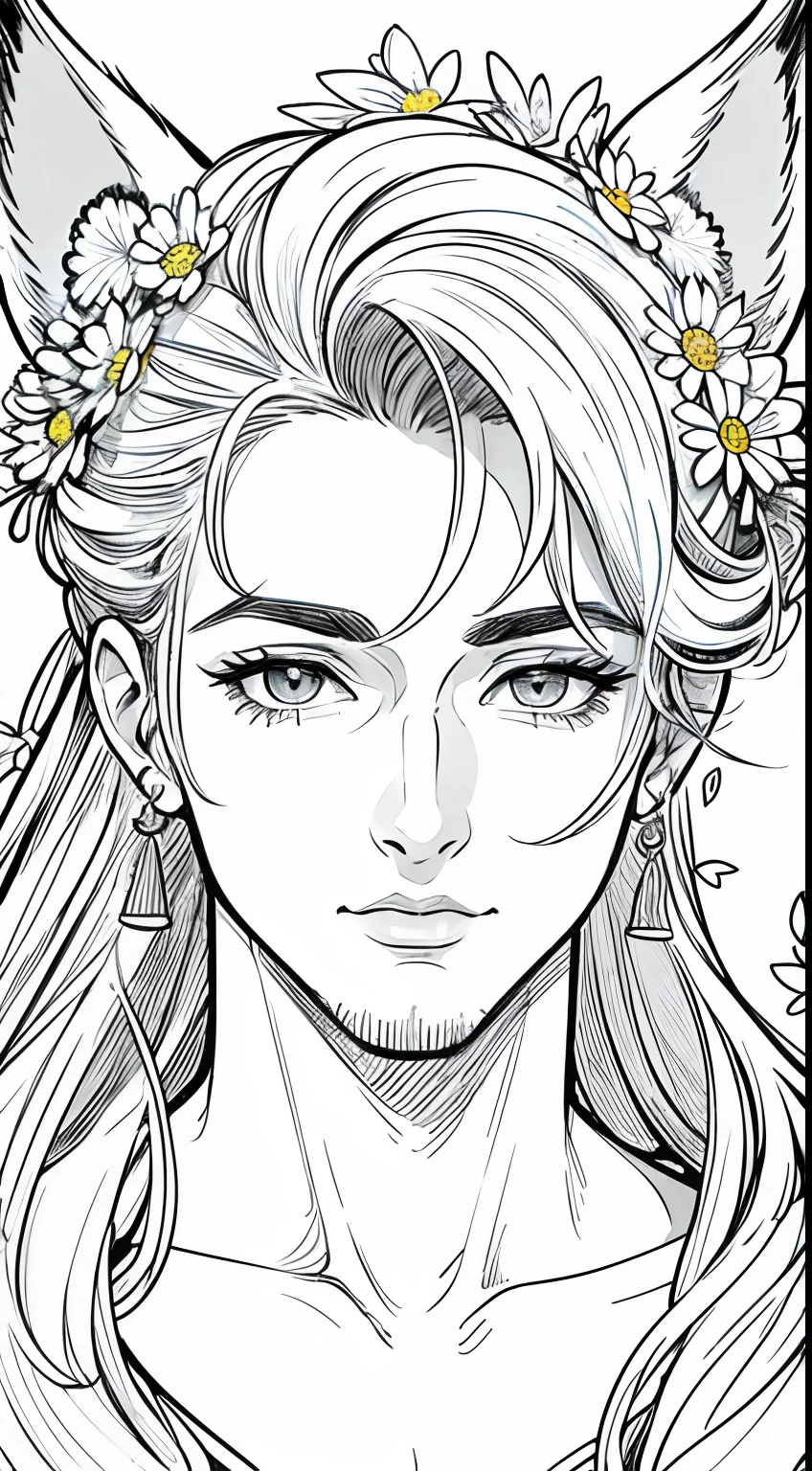 Obra maestra, superlativo, Orejas de zorro, masculino , solamente, Primer plano del busto, flower line drawing background, fondo blanco, monocromo, line drawing, ((bosquejo))