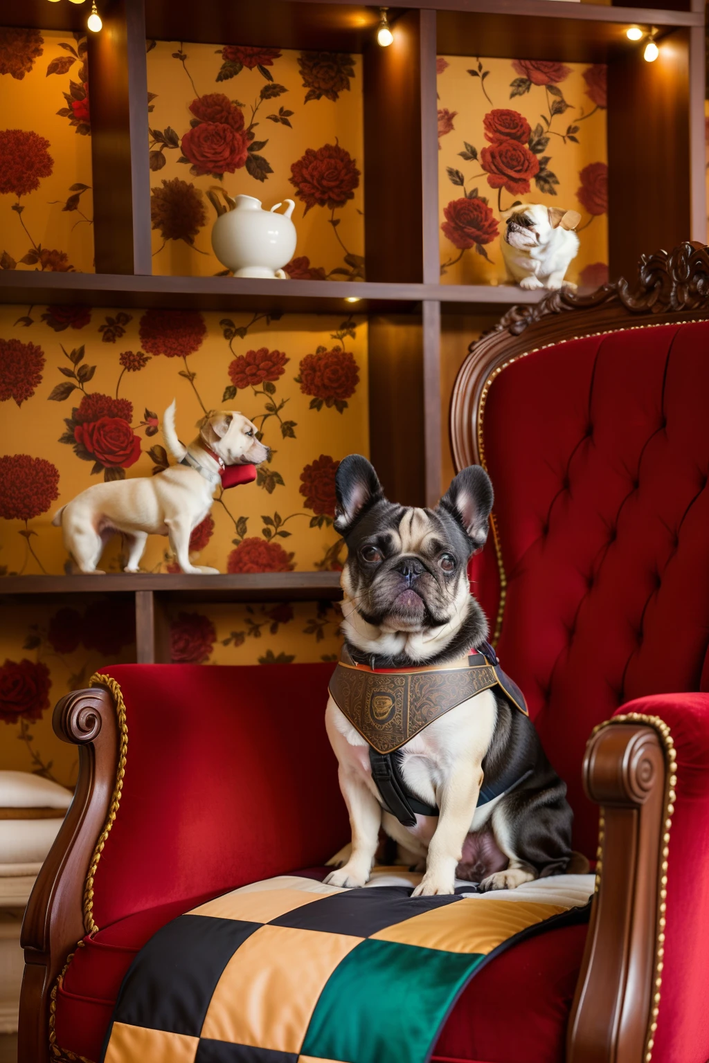 There is a little dog sitting on a red chair in the room, portrait shot, dapper, very stylish, French Bulldog, mid shot portrait, Bella, a handsome, regal pose, unwind!, looking heckin cool and stylish, posing for camera, Portrait, Cosy, subject: Dog, sitting in fancy chair, portrait of a pug as the pope, portraitures