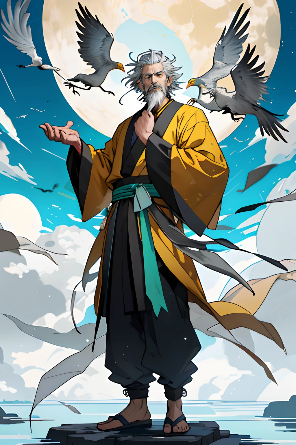 An old immortal levitated in the air，Wearing a yellow robe，Gray hair and white whiskers，Skinny figure。A turquoise stone in one hand，The other hand holds a fan。Behind him flew a crane。