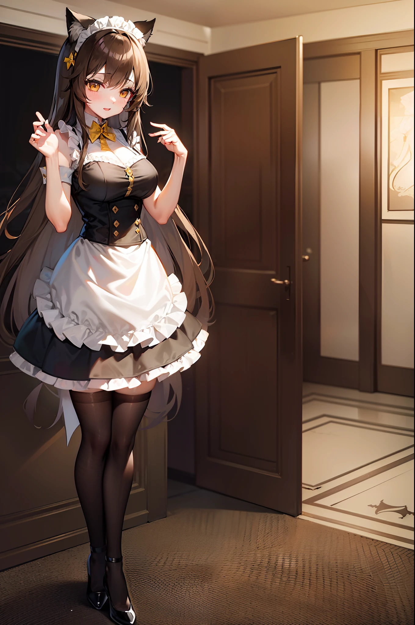 "long brown hair, cat ears, yellow eyes, medium breasts, full body, transparent background, sexy maid dress, standing, mature woman"