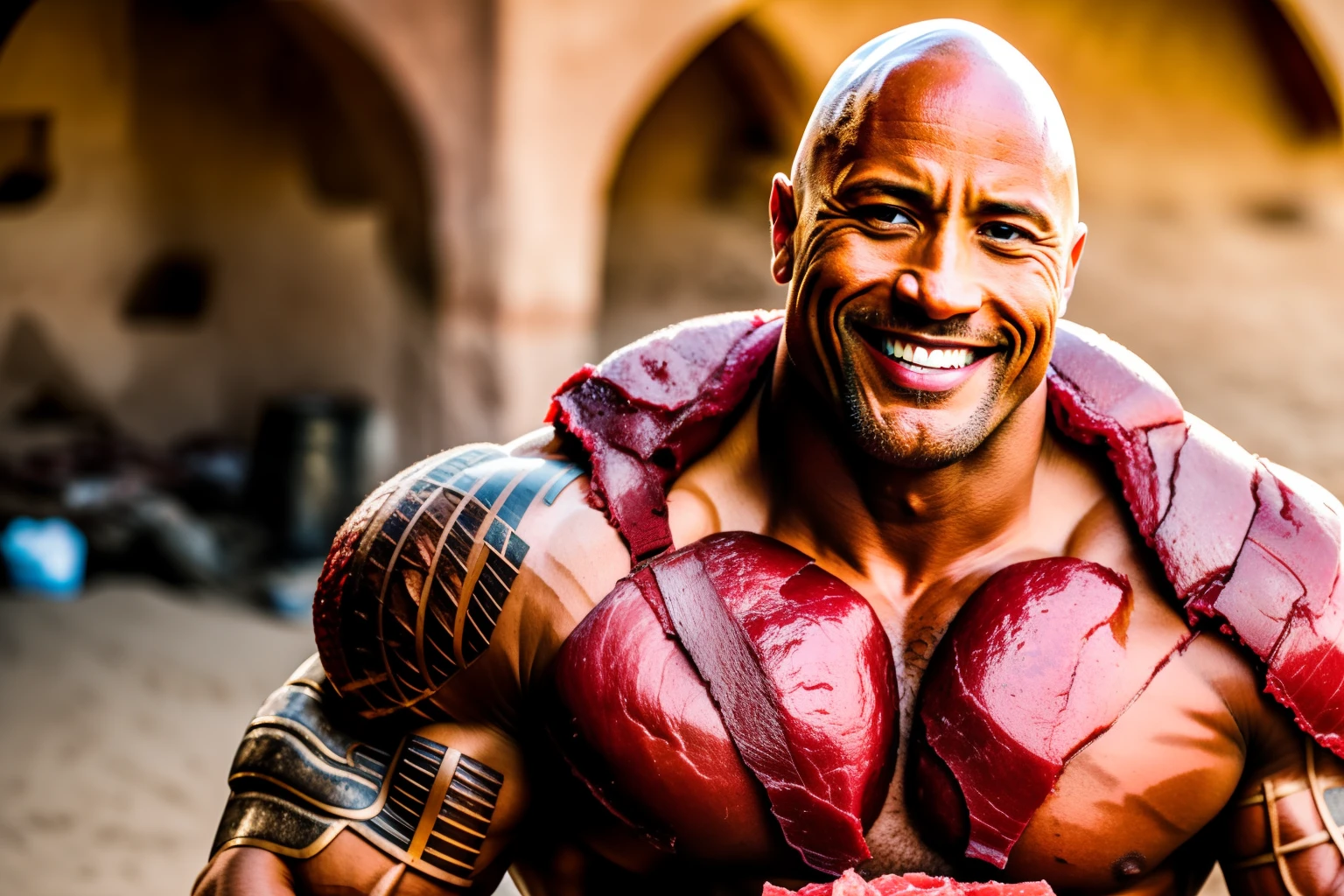 bald Dwayne Johnson smiling, red armor, expressive smile, holding a pile of raw meat in a basket, detailed raw meat in a basket, located in a sand city, located in saudit arabia, very detailed facial features, perfect symmetry, dynamic pose