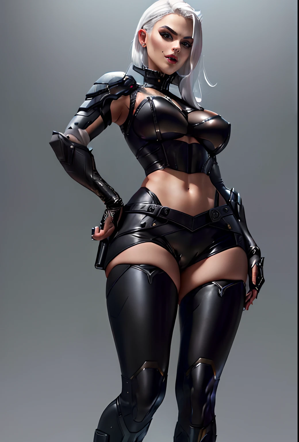 Ashe in a black latex outfit posing for a picture, commission for high res, white hair, villainess, full body x-force outfit, black latex, in leather armor, dominatrix, extremely detailed artgerm, mistress, (((1girl))), midriff exposed, from below