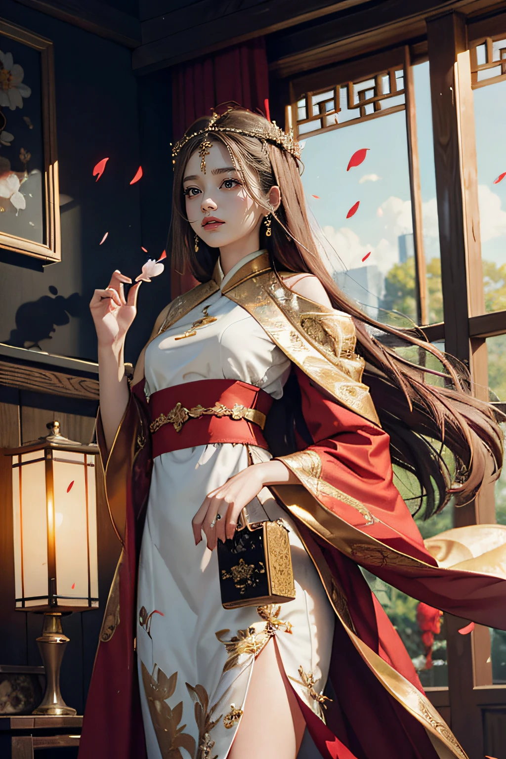 best quality, masterpiece, highres, (exquisite body:1.5),gorgeous face,(milky skin:1.3),intricate details,high resolution,wallpaper,
1girl, solo, dress, hair ornament, (((gold and red dress))), flowers, long hair, brown hair, closed mouth, jewelry, long sleeves, hand up, wide sleeves, big eyes,floating hair, chinese clothes, hanfu, embroidery, long skirt, natural pose, falling petals, indoor,fanning, lantern,
16K,HDR,highres,depth field,(film grain:1.1),boken,golden hour,(lens flare),vignette,rainbowing,(color grading:1.5)