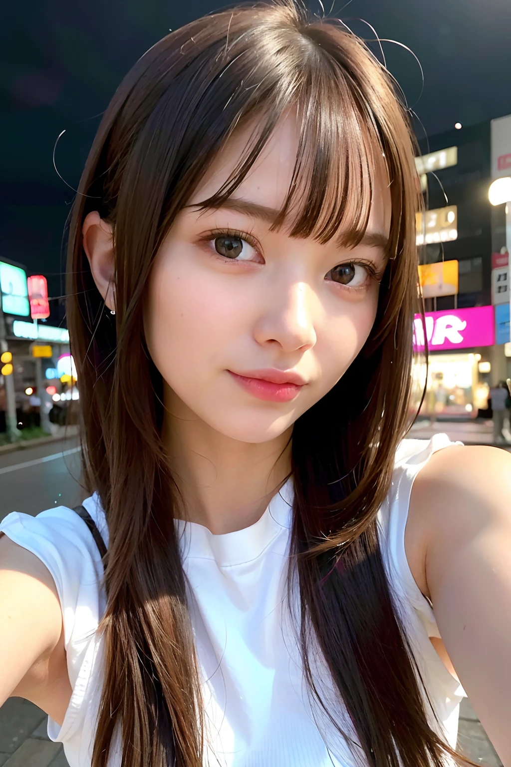 (8k, RAW photo, best quality, masterpiece:1.2), ultra detailed, ultra high res, (realistic, photo realistic:1.37), portrait, high detail RAW color photo, professional photograph, an extremely delicate and beautiful, extremely detailed, 8k wallpaper, Amazing, finely detail, huge file size, official art, extremely detailed CG unity 8k wallpaper, extremely detailed beautiful girl, extremely detailed face, extremely detailed eyes, extremely detailed skin, extremely detailed fingers, extremely detailed nose, extremely detailed mouth, perfect anatomy, highly detailed background, extremely detailed clothing, 1girl, (18 years old:1.2), age, cute girl, famous japanese idol, kawaii, (small breasts:1.2), realistic body, petite, fair skin, shiny skin, slender body, good figure, black hair, long straight hair, (blunt bangs:1.2), smile, cute, young, cute face, realistic face, beautifully detailed eyes, drooping eyes, white t shirt, jeans overalls, looking at viewer, cowboy shot, face the front, (selfie:1.2), reaching out, outdoors, (night:1.2), neon city, neon light, neon sign, public, crowd, dynamic lighting,