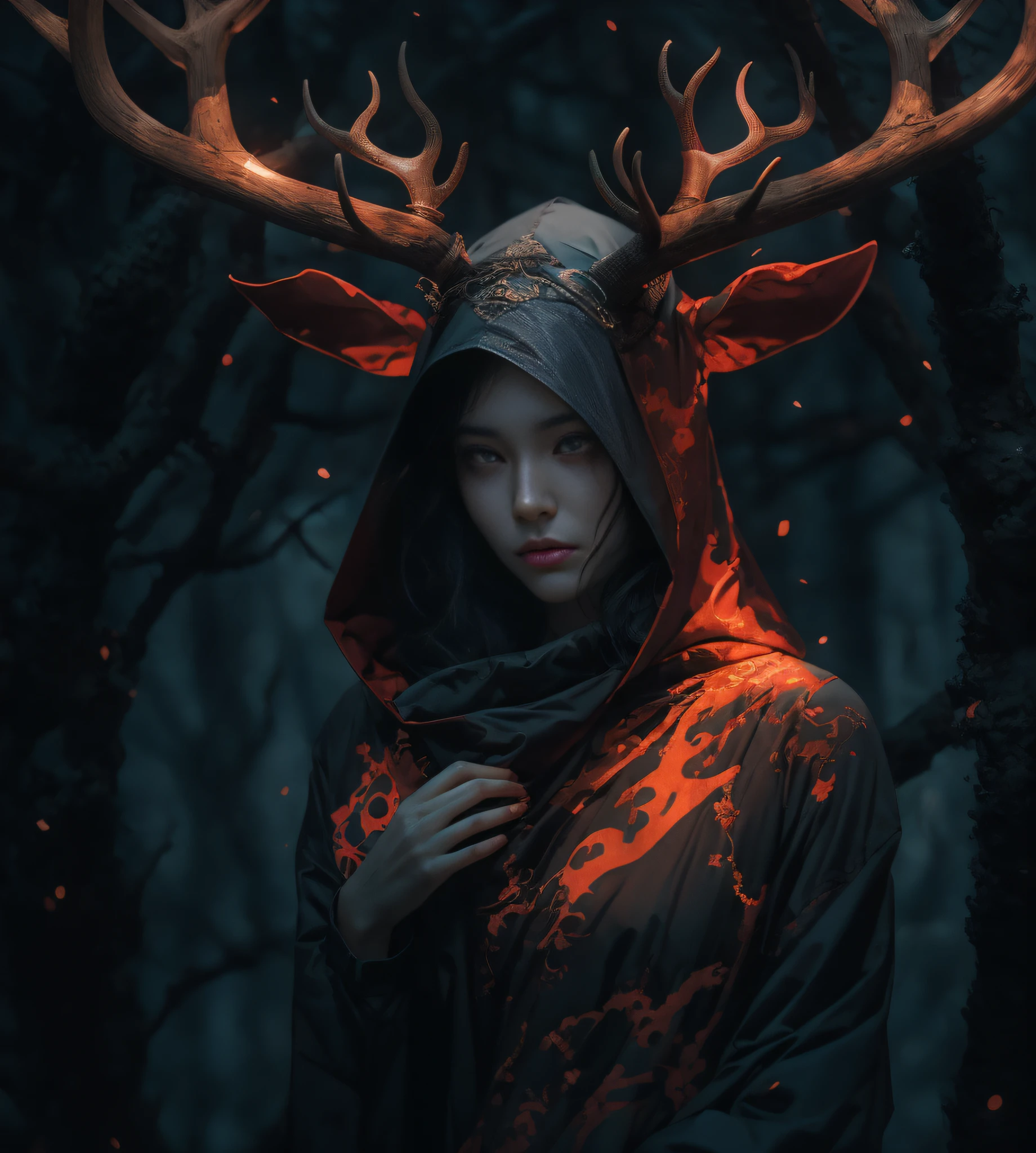 独奏. (Gray gloomy background, Dark Forest, Gray gloomy background, Dark Forest. Gloomy and hopeless, Dark dramatic lighting, vignette), Realistic eyes, beatiful face, 1A girl with a perfect body, Druid, with large deer antlers on the head, cos, wrapped in branches;, (She is dressed in a hooded suit), ((perfect anatomy)), Upper torso, glowing eyes, A surge of dark magic, gotik, Burnt orange gradient, Magic, Nature, Magic Splash, Fantasy art, Digital Painting, soft-lighting, isometric style, retro aesthetics, 4k resolution, с Cinema 4D, natural lighting, Cinematic, Masterpiece, Highly detailed, Intricate, Extreme textures, Horror, terrific, Creepy, Scarimok a sense of sophistication and tranquility. Accentuate the low-poly style, The overall aesthetic should be sleek and stylish, which makes it suitable for branding and logo.