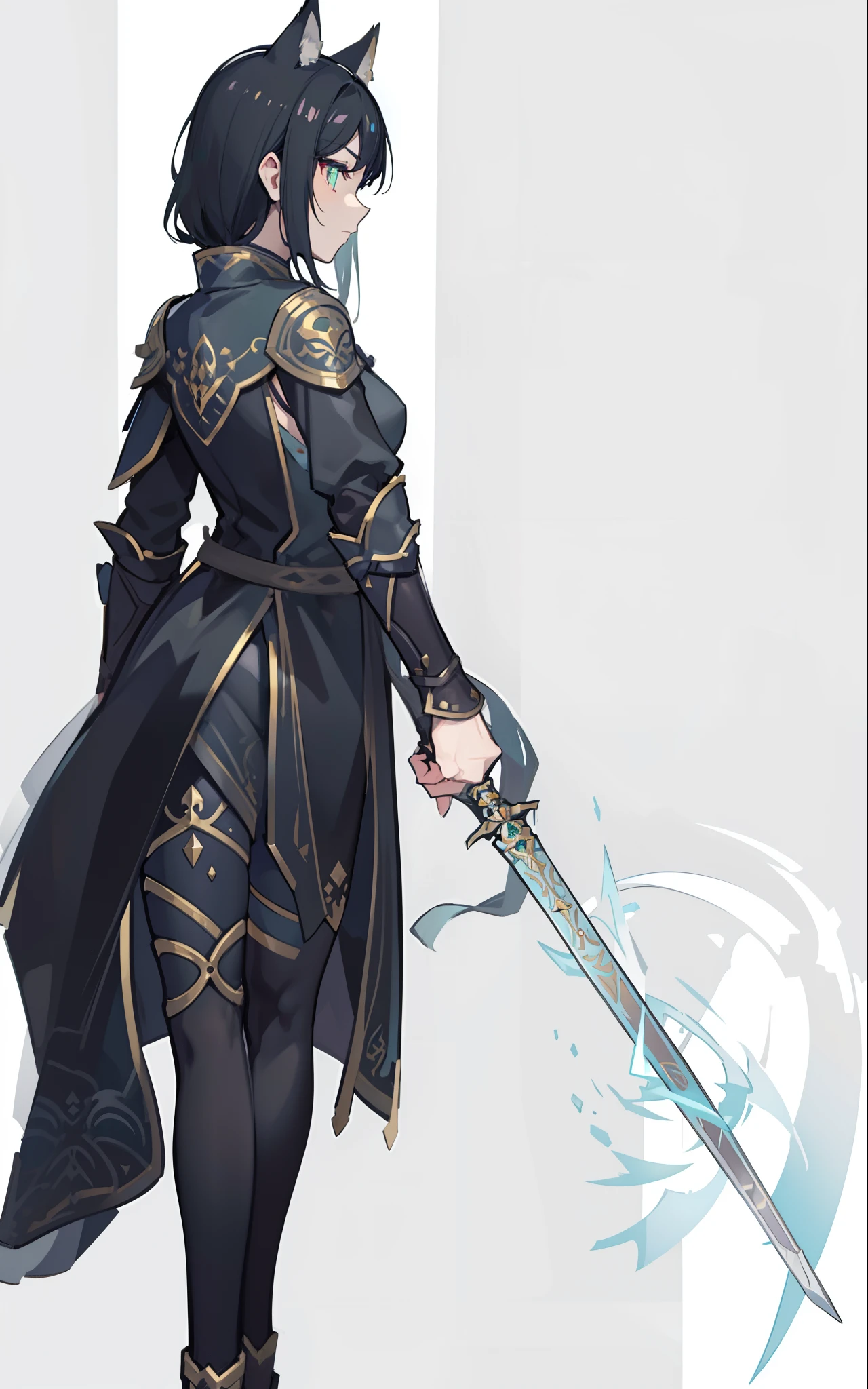 1girl, Alistair, arms outstretched, holding enchanted sword, wearing mythril armor, dynamic pose, swinging sword, Demi-Human character design. Lithe and agile frame, feminine appearance. Striking emerald eyes with a mischievous glint, hint of magical prowess. Long jet-black hair, intricate arcane symbols on attire. Wolf-like ears and tail, distinctive Demi-Human features. (masterpiece:1.2), (best quality:1.3).