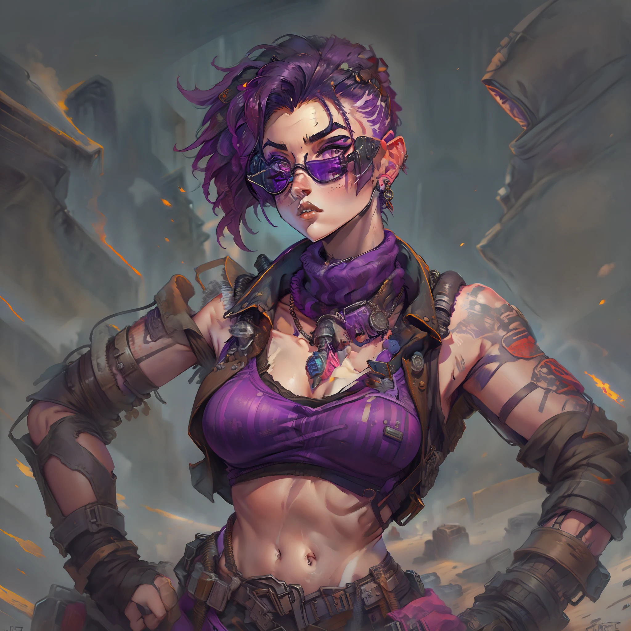 female with short shaved dark purple hair, wearing goggles, villain, wearing casual desert punk clothing, has lower lip stud piercings, muscular, abs visible, wearing metal collar